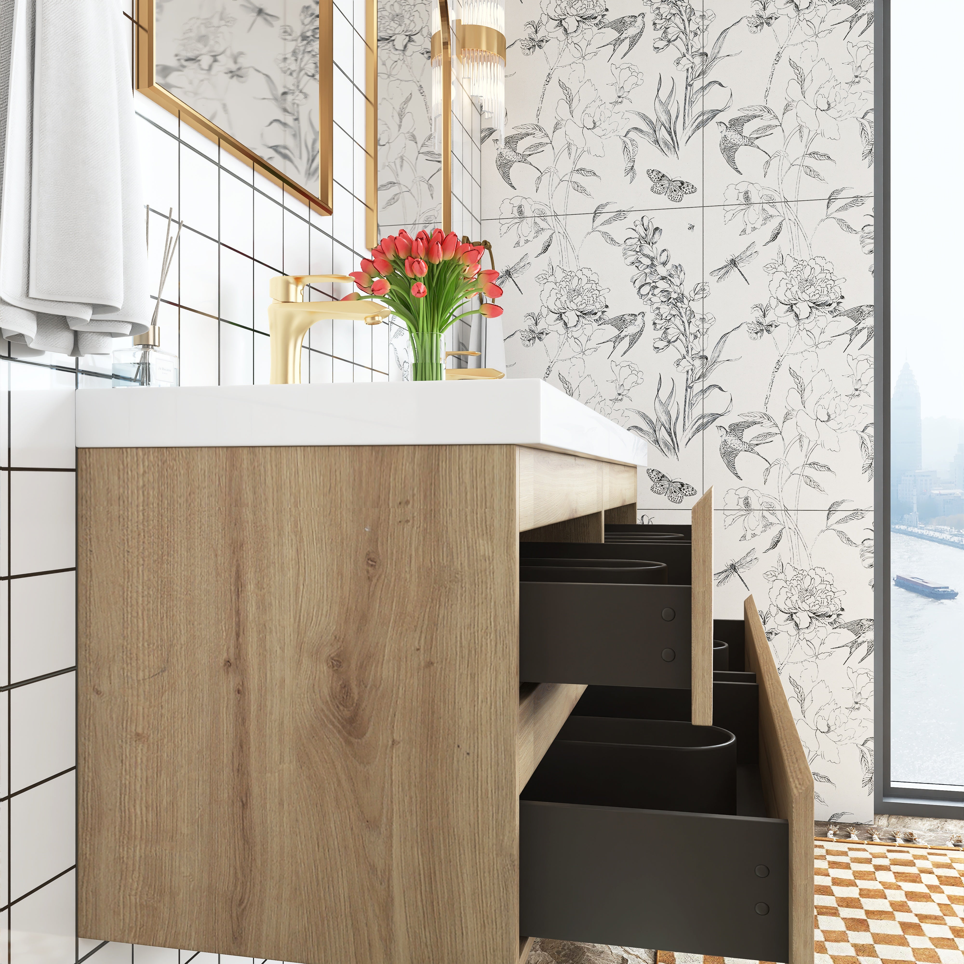 Wall Mounted Bathroom Vanity with Soft-closing Drawers with Cultured Marble Double Sink