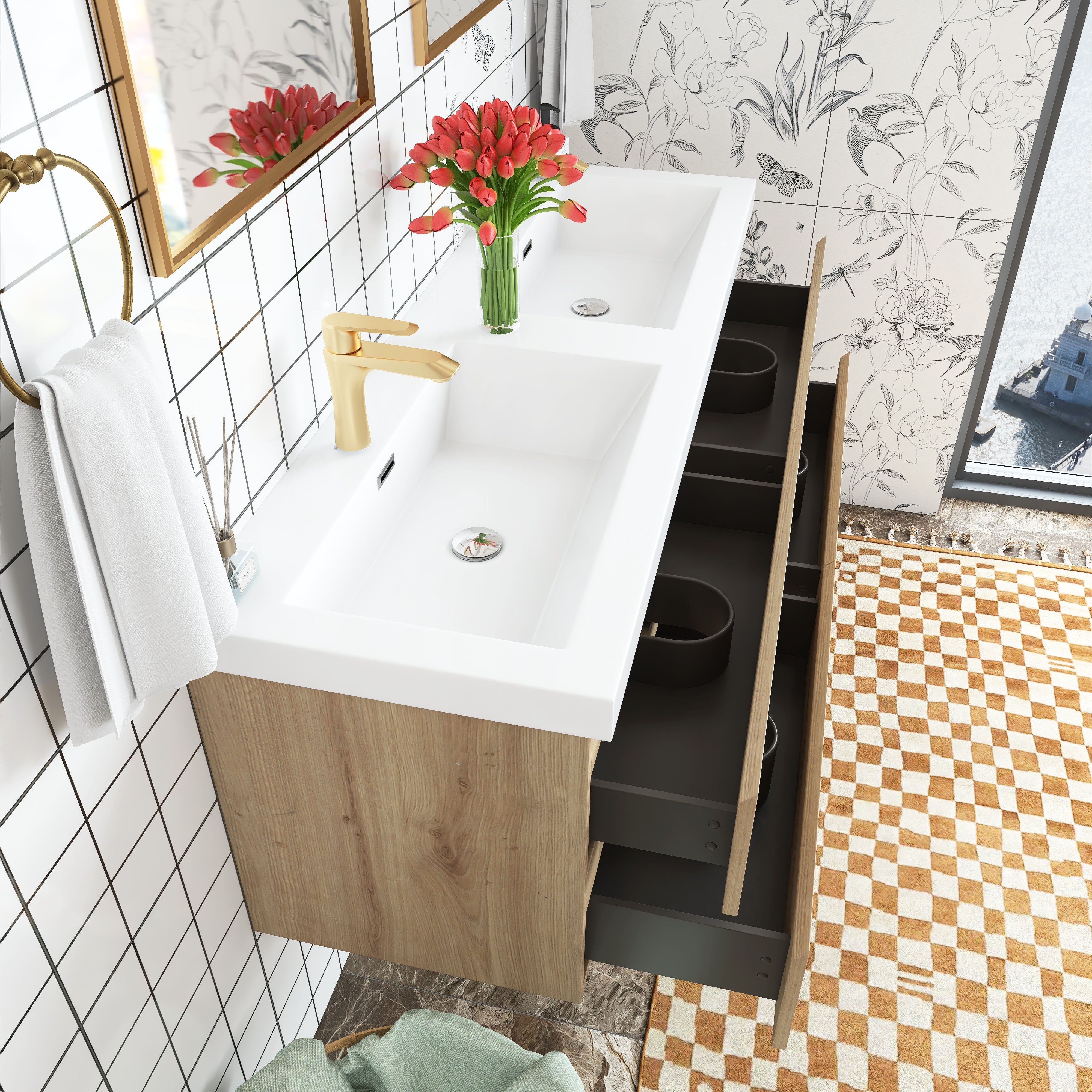 Wall Mounted Bathroom Vanity with Soft-closing Drawers with Cultured Marble Double Sink