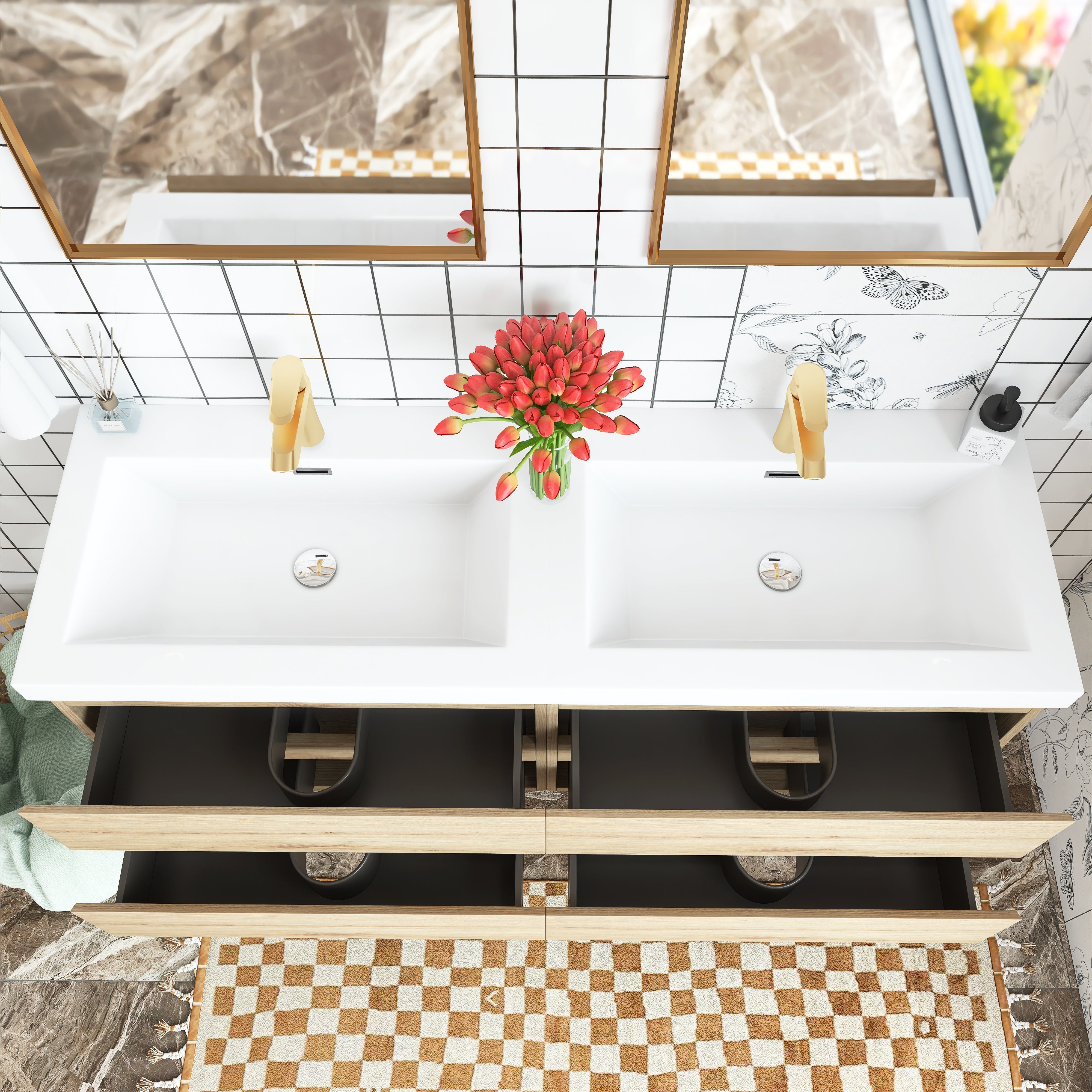 Wall Mounted Bathroom Vanity with Soft-closing Drawers with Cultured Marble Double Sink