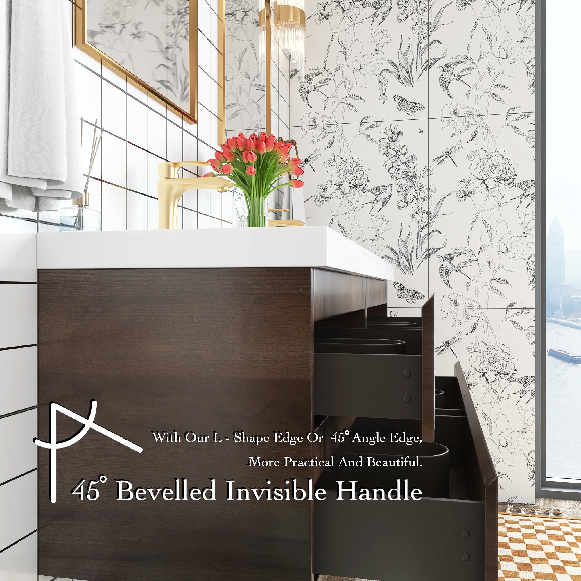 Wall Mounted Bathroom Vanity with Soft-closing Drawers with Cultured Marble Double Sink