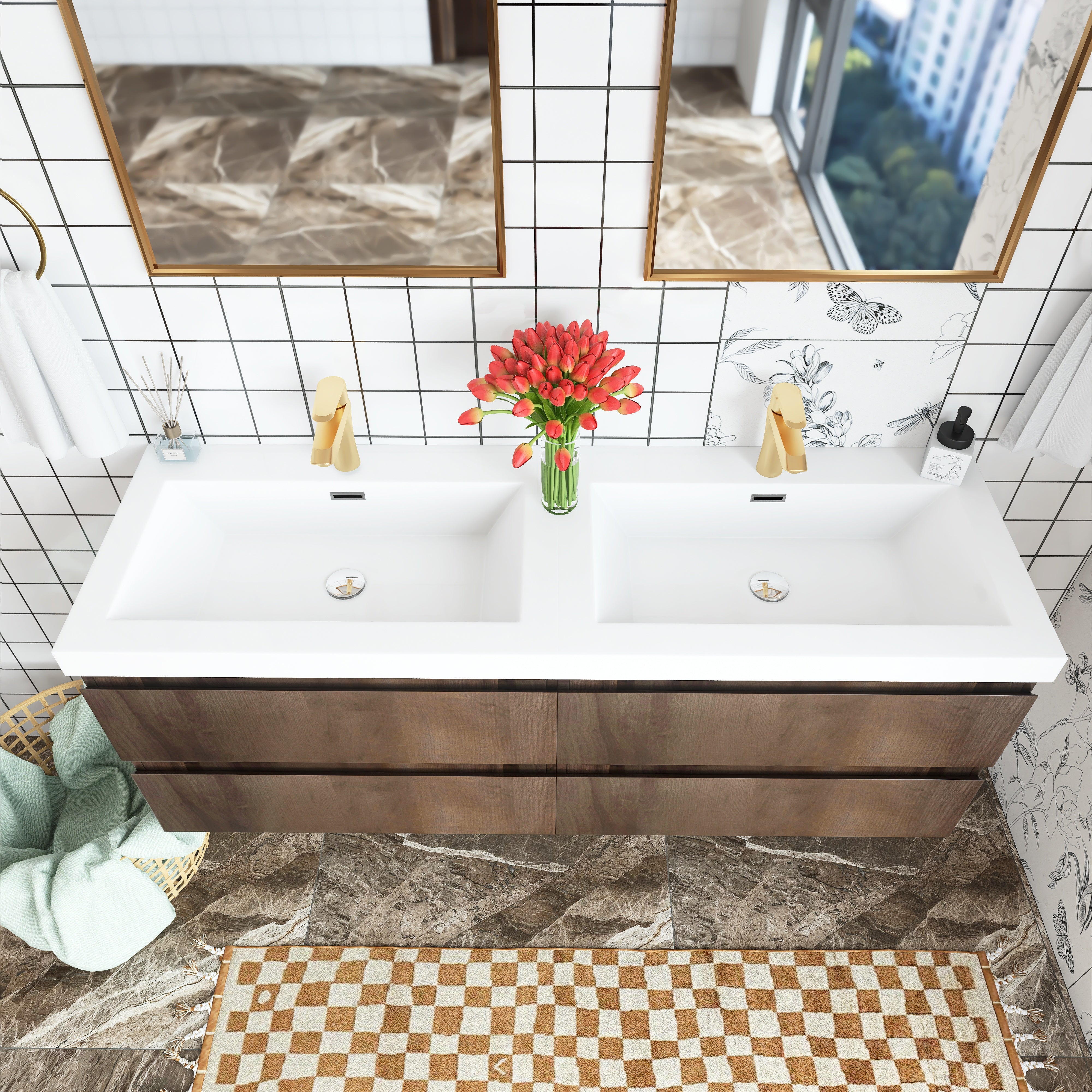 Wall Mounted Bathroom Vanity with Soft-closing Drawers with Cultured Marble Double Sink