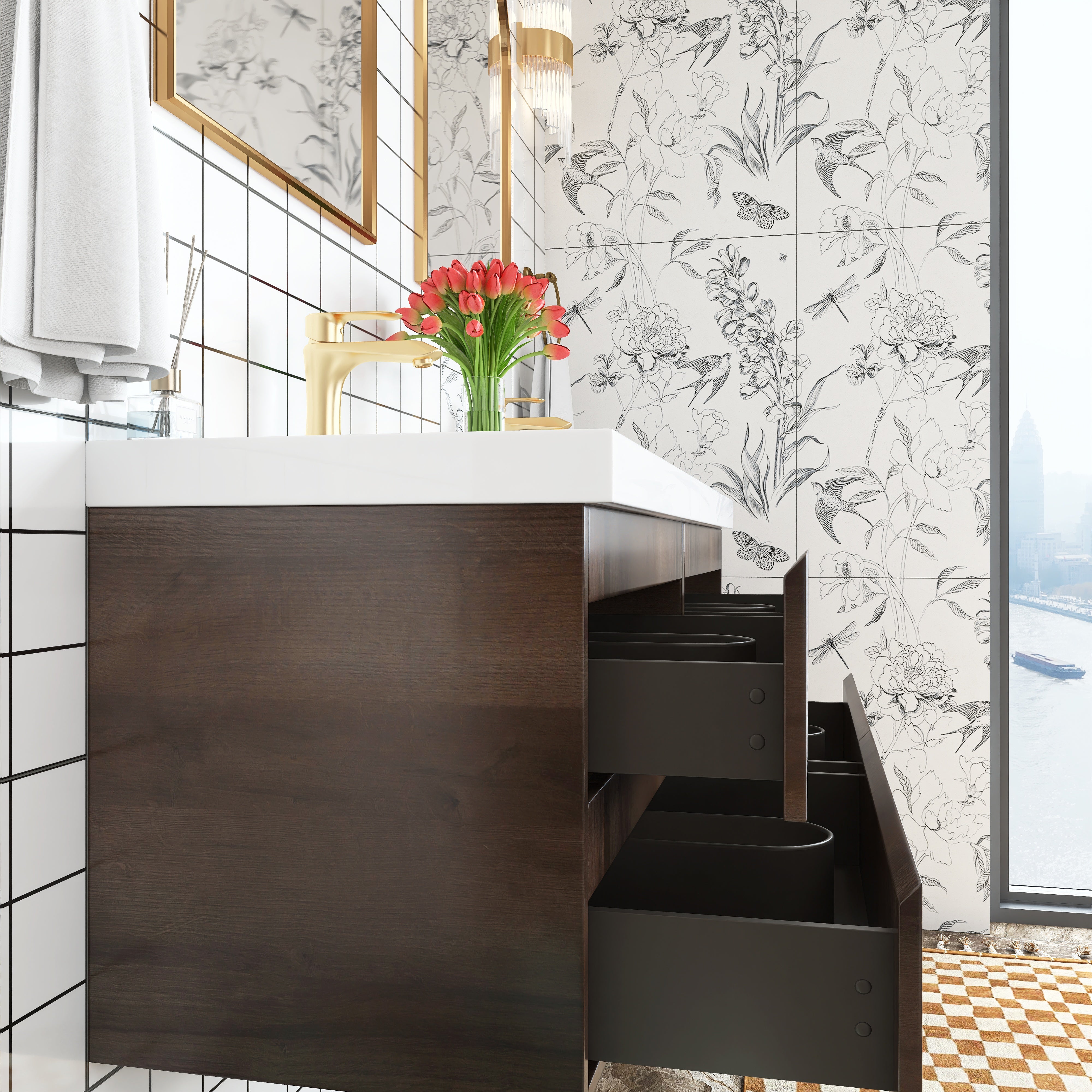 Wall Mounted Bathroom Vanity with Soft-closing Drawers with Cultured Marble Double Sink