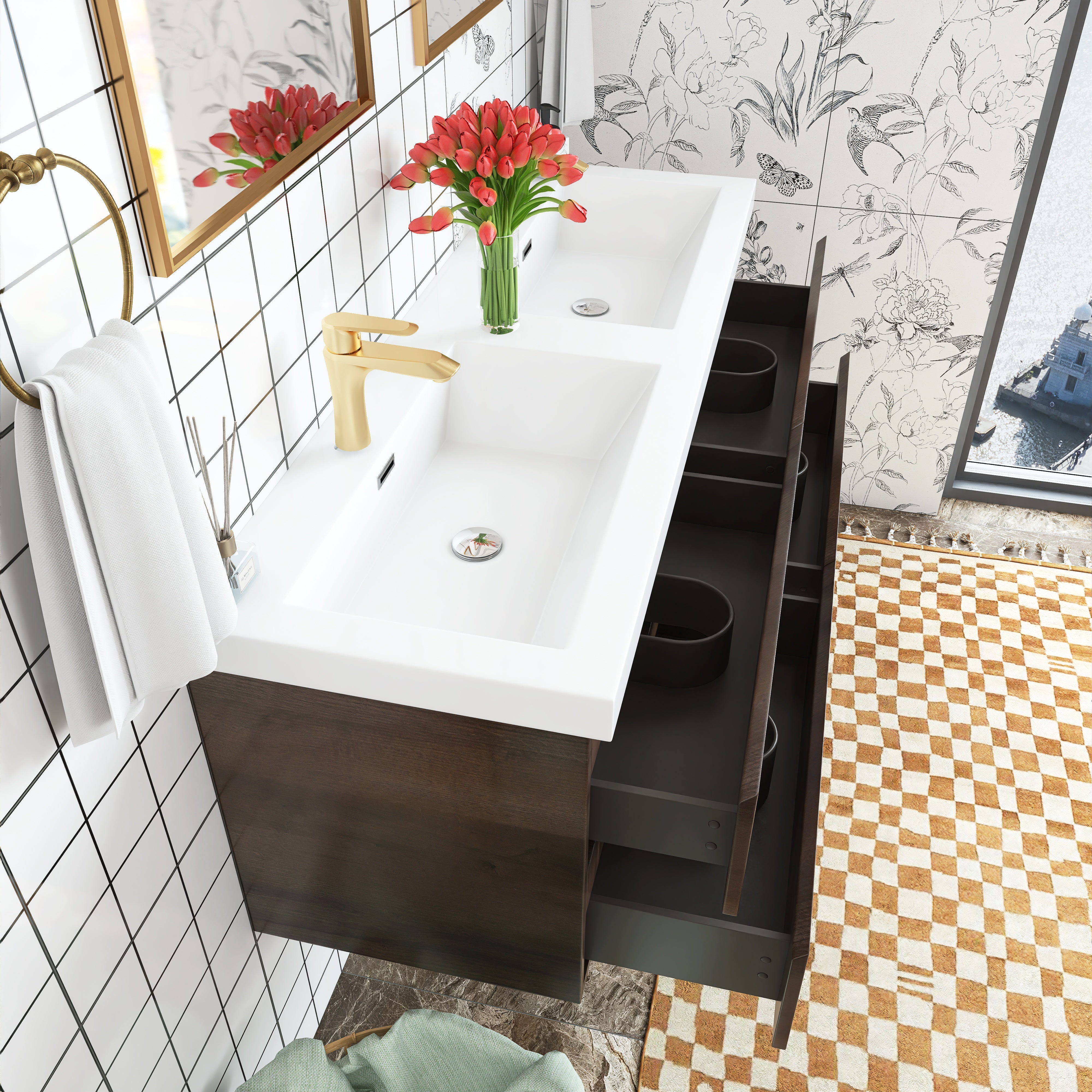 Wall Mounted Bathroom Vanity with Soft-closing Drawers with Cultured Marble Double Sink