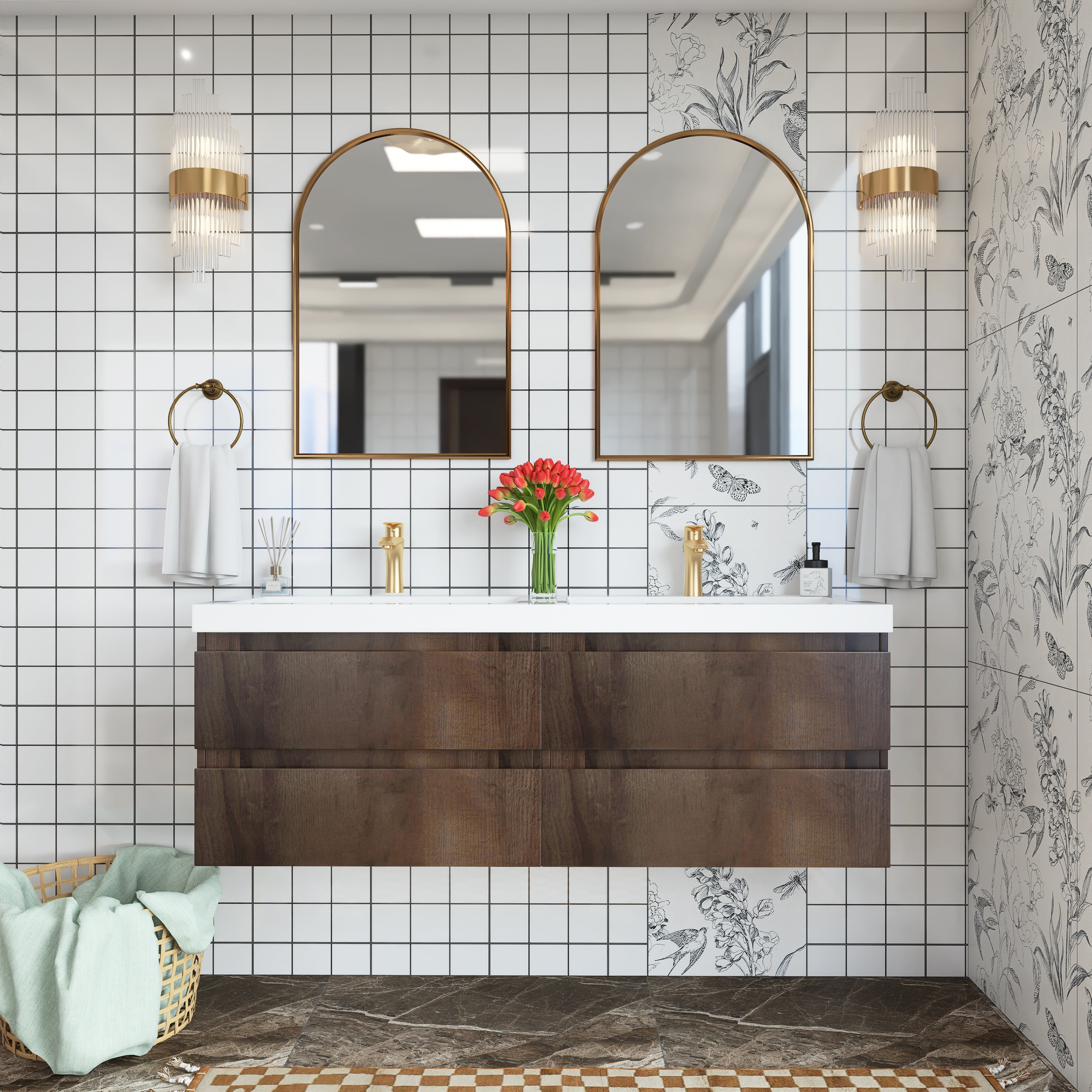 Wall Mounted Bathroom Vanity with Soft-closing Drawers with Cultured Marble Double Sink