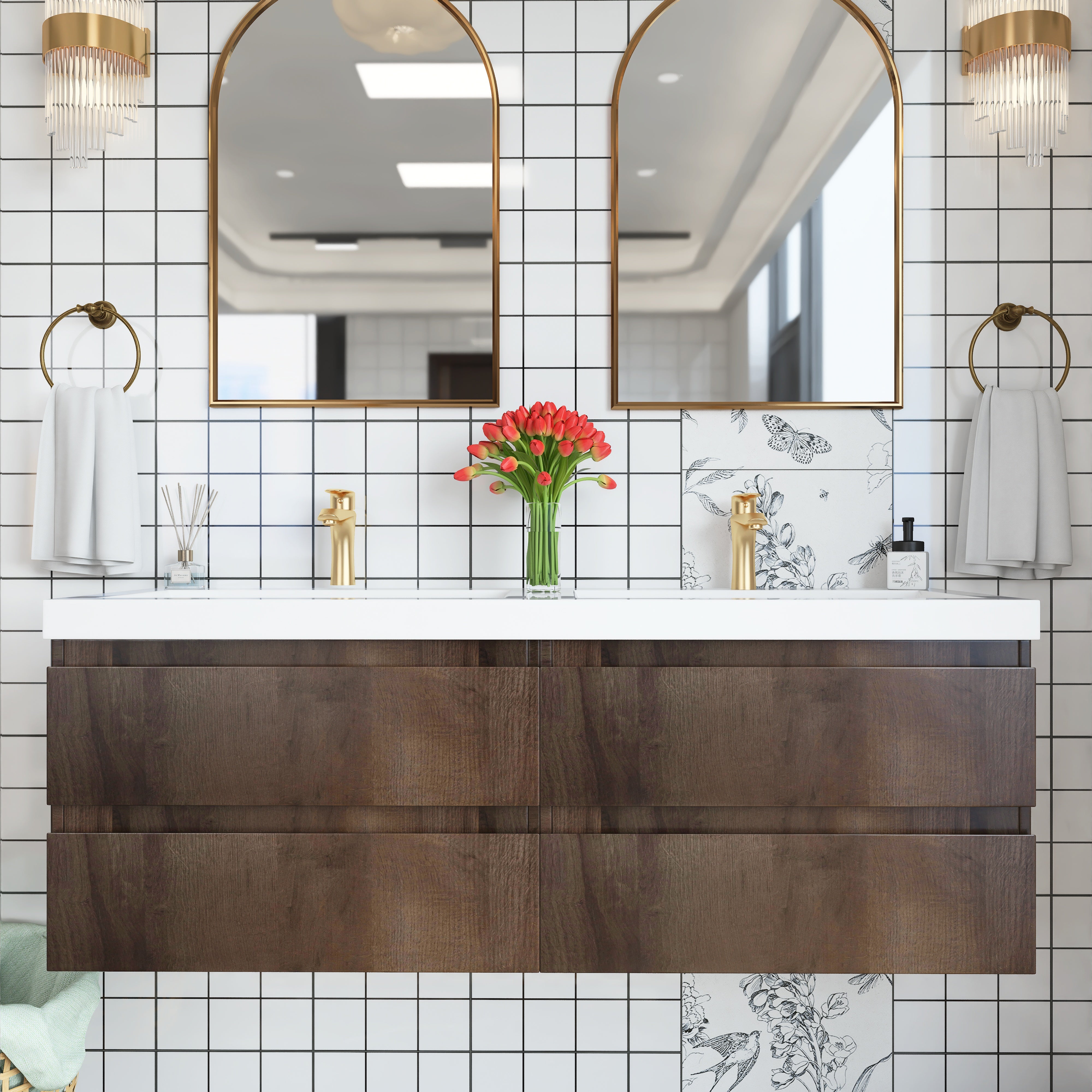 Wall Mounted Bathroom Vanity with Soft-closing Drawers with Cultured Marble Double Sink