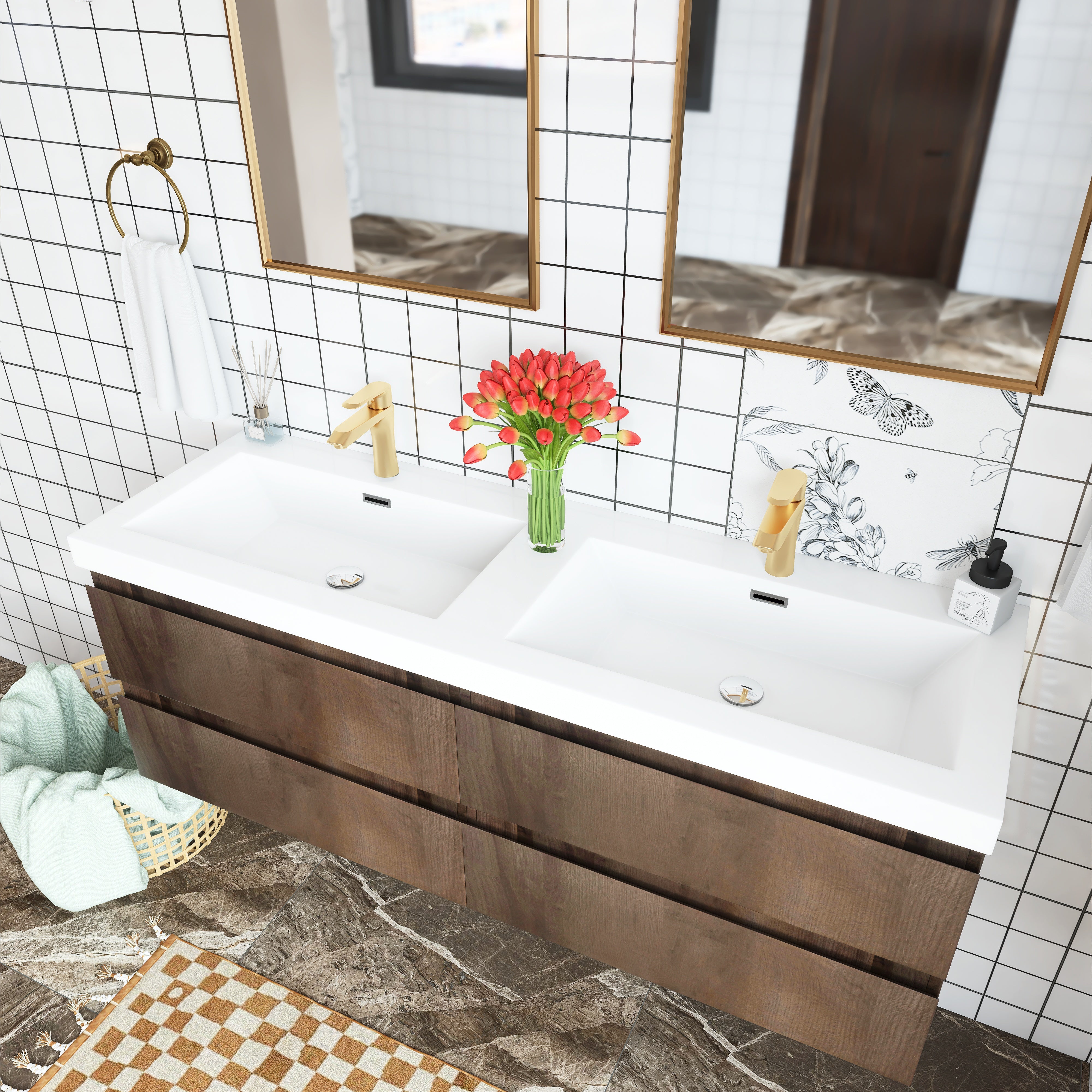 Wall Mounted Bathroom Vanity with Soft-closing Drawers with Cultured Marble Double Sink