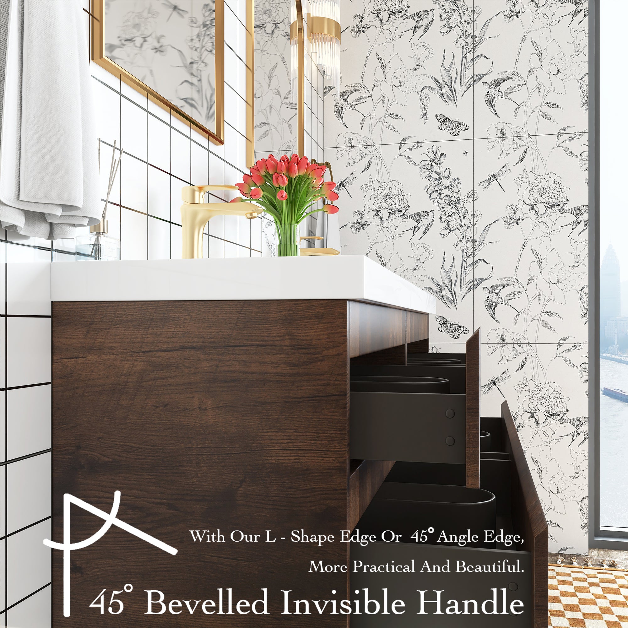 Wall Mounted Bathroom Vanity with Soft-closing Drawers with Cultured Marble Double Sink