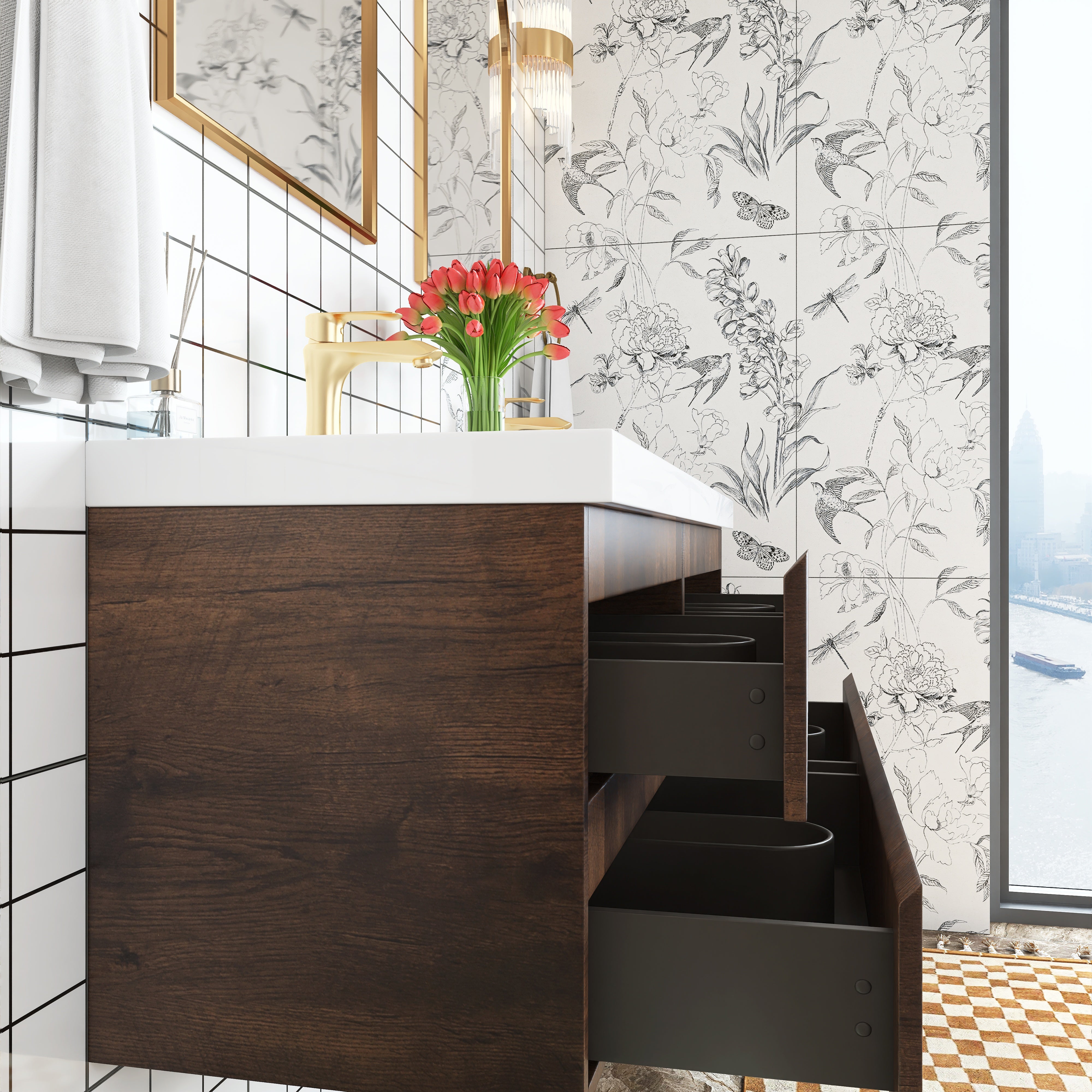 Wall Mounted Bathroom Vanity with Soft-closing Drawers with Cultured Marble Double Sink