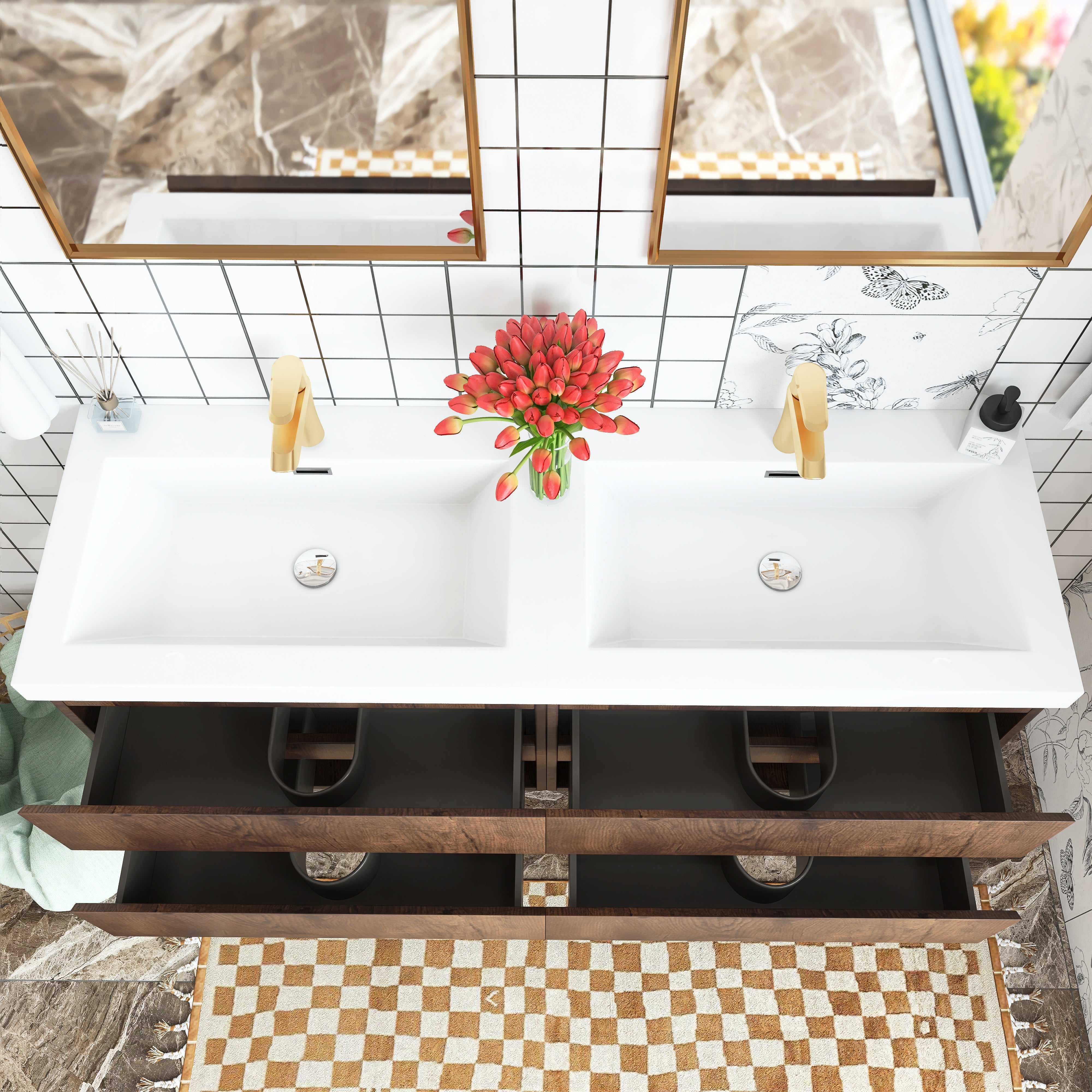 Wall Mounted Bathroom Vanity with Soft-closing Drawers with Cultured Marble Double Sink