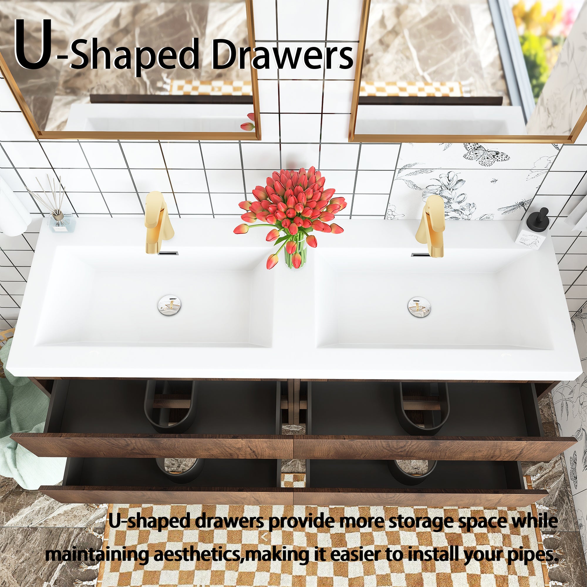 Wall Mounted Bathroom Vanity with Soft-closing Drawers with Cultured Marble Double Sink