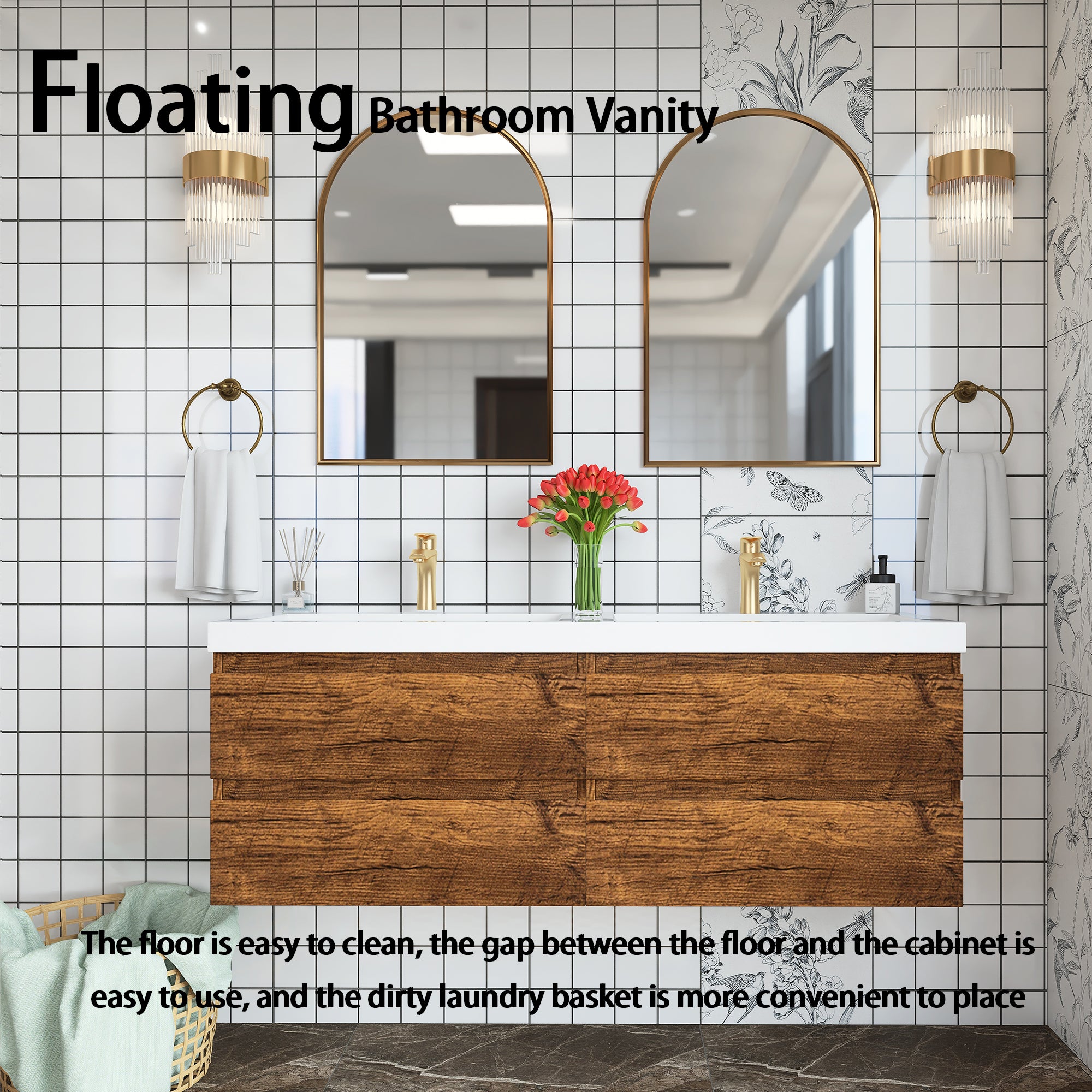 Wall Mounted Bathroom Vanity with Soft-closing Drawers with Cultured Marble Double Sink