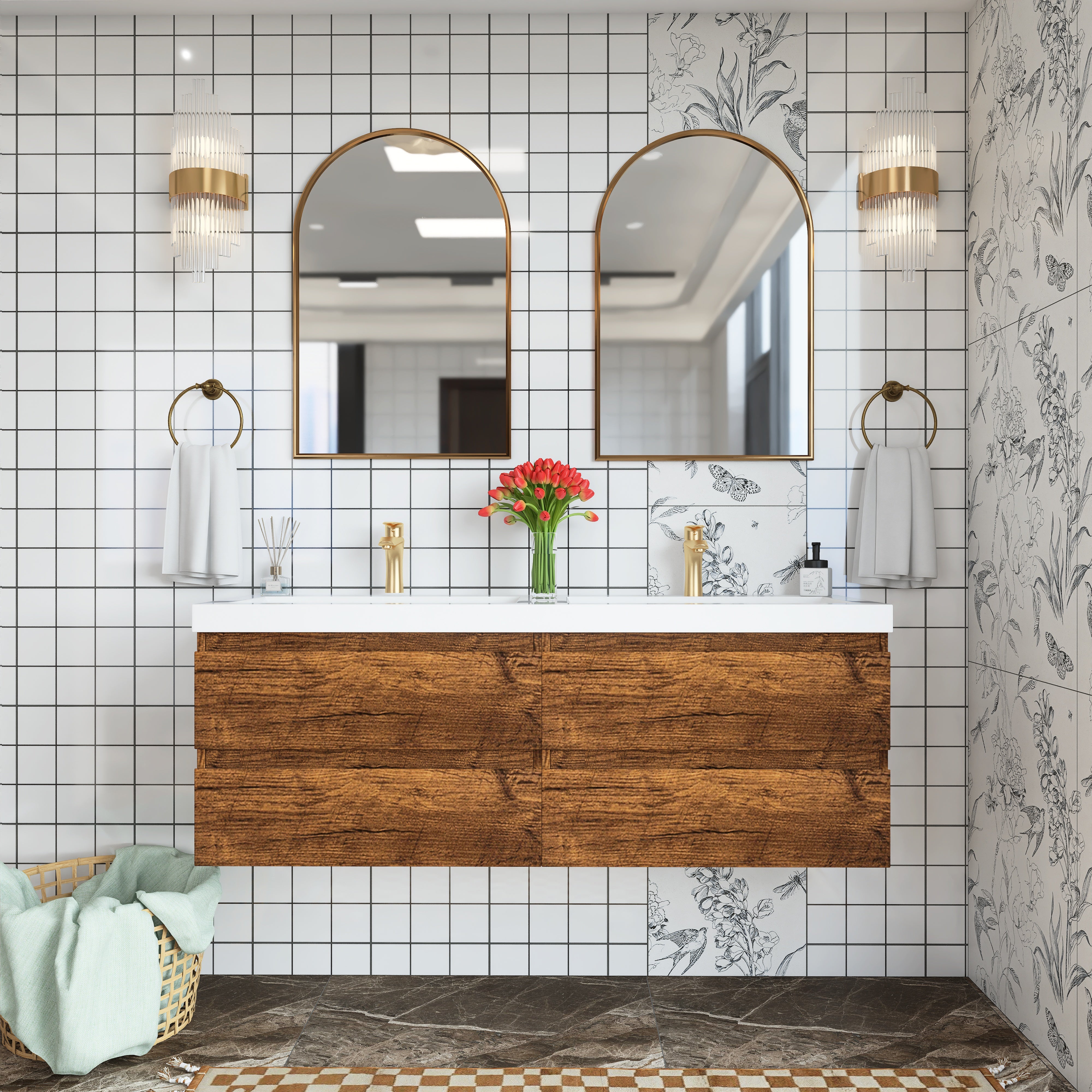 Wall Mounted Bathroom Vanity with Soft-closing Drawers with Cultured Marble Double Sink