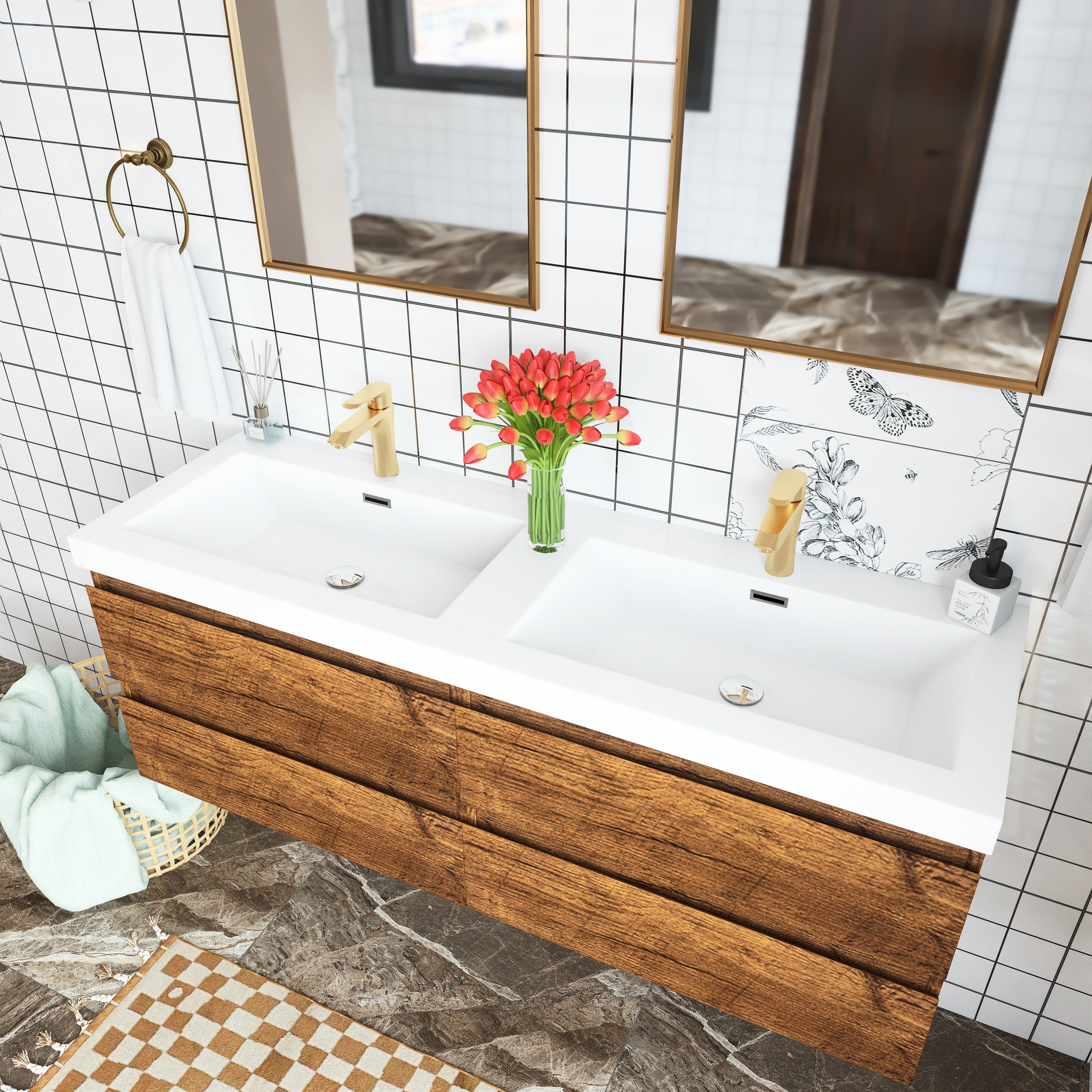 Wall Mounted Bathroom Vanity with Soft-closing Drawers with Cultured Marble Double Sink