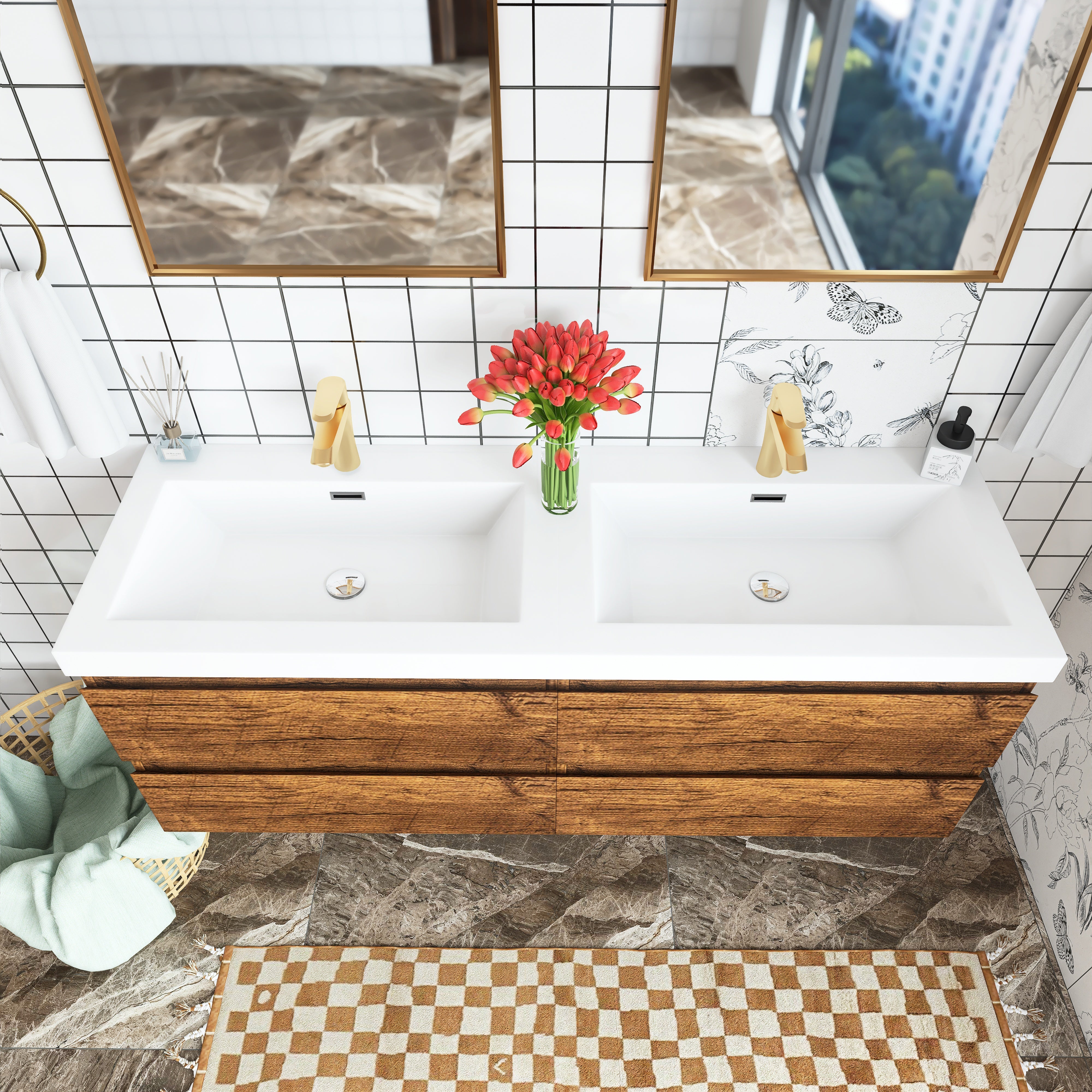 Wall Mounted Bathroom Vanity with Soft-closing Drawers with Cultured Marble Double Sink