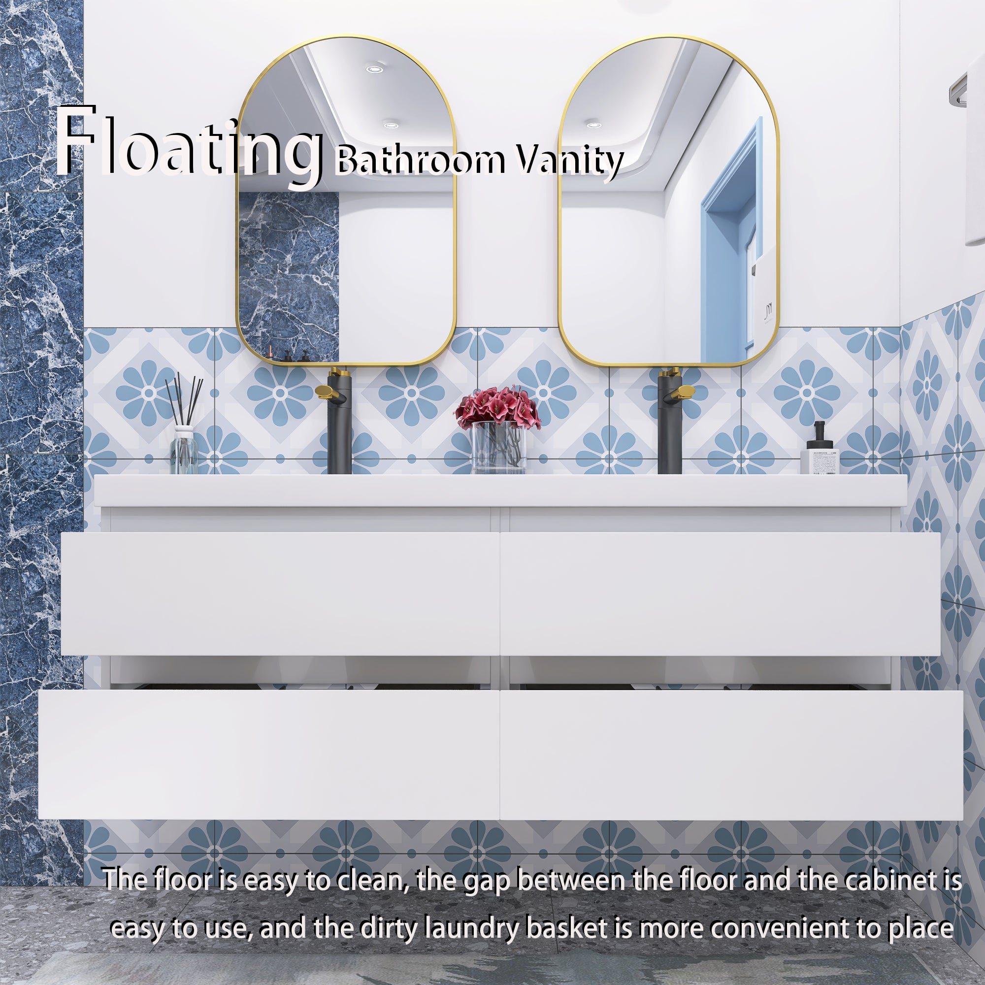 Wall Mounted Bathroom Vanity with Soft-closing Drawers with Cultured Marble Double Sink