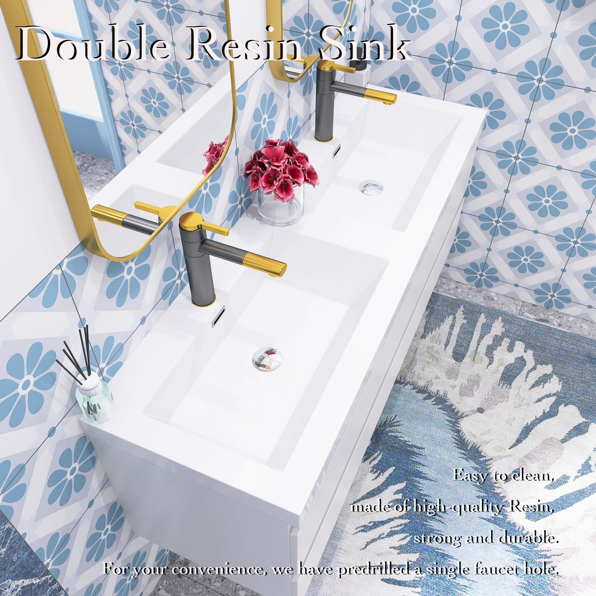 Wall Mounted Bathroom Vanity with Soft-closing Drawers with Cultured Marble Double Sink