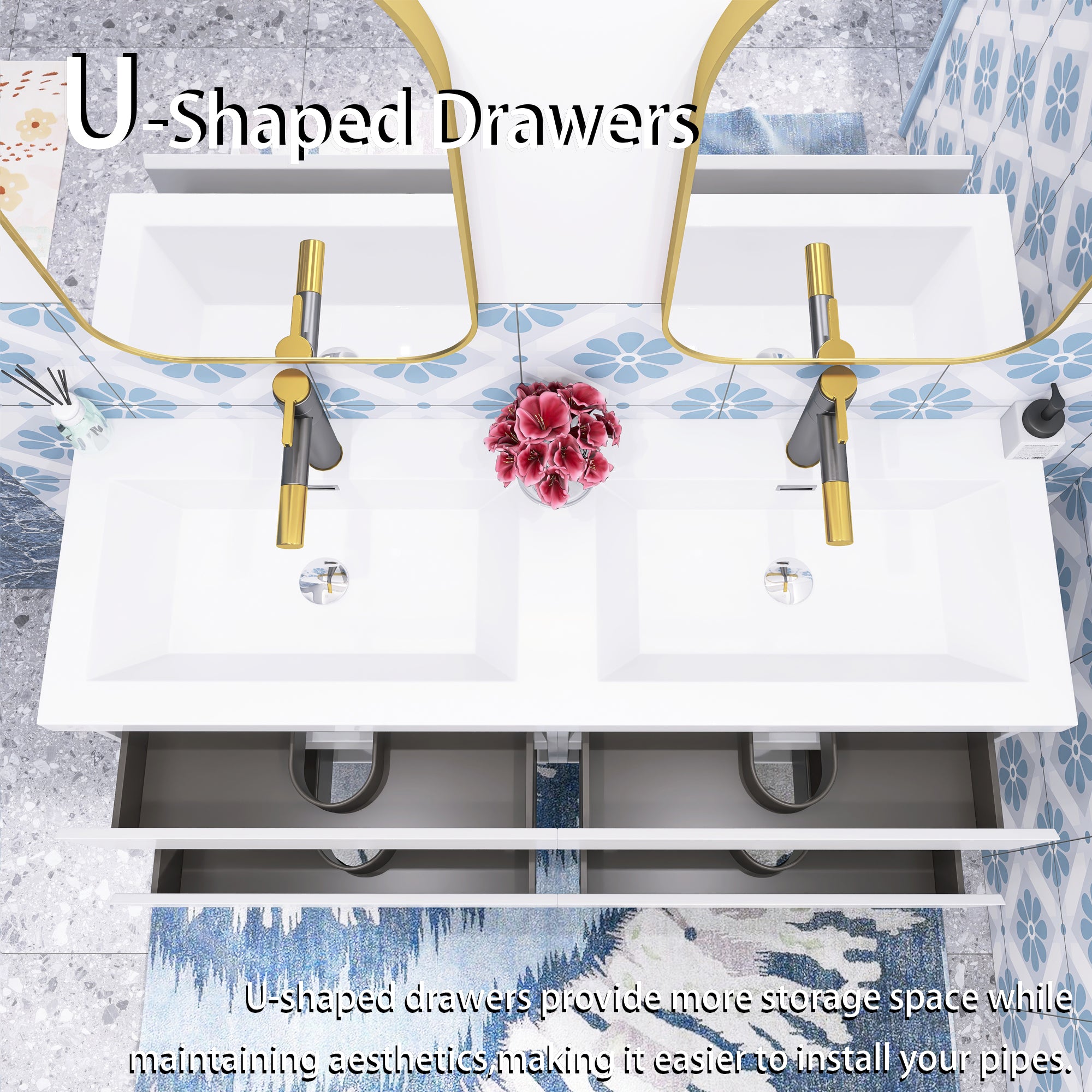 Wall Mounted Bathroom Vanity with Soft-closing Drawers with Cultured Marble Double Sink