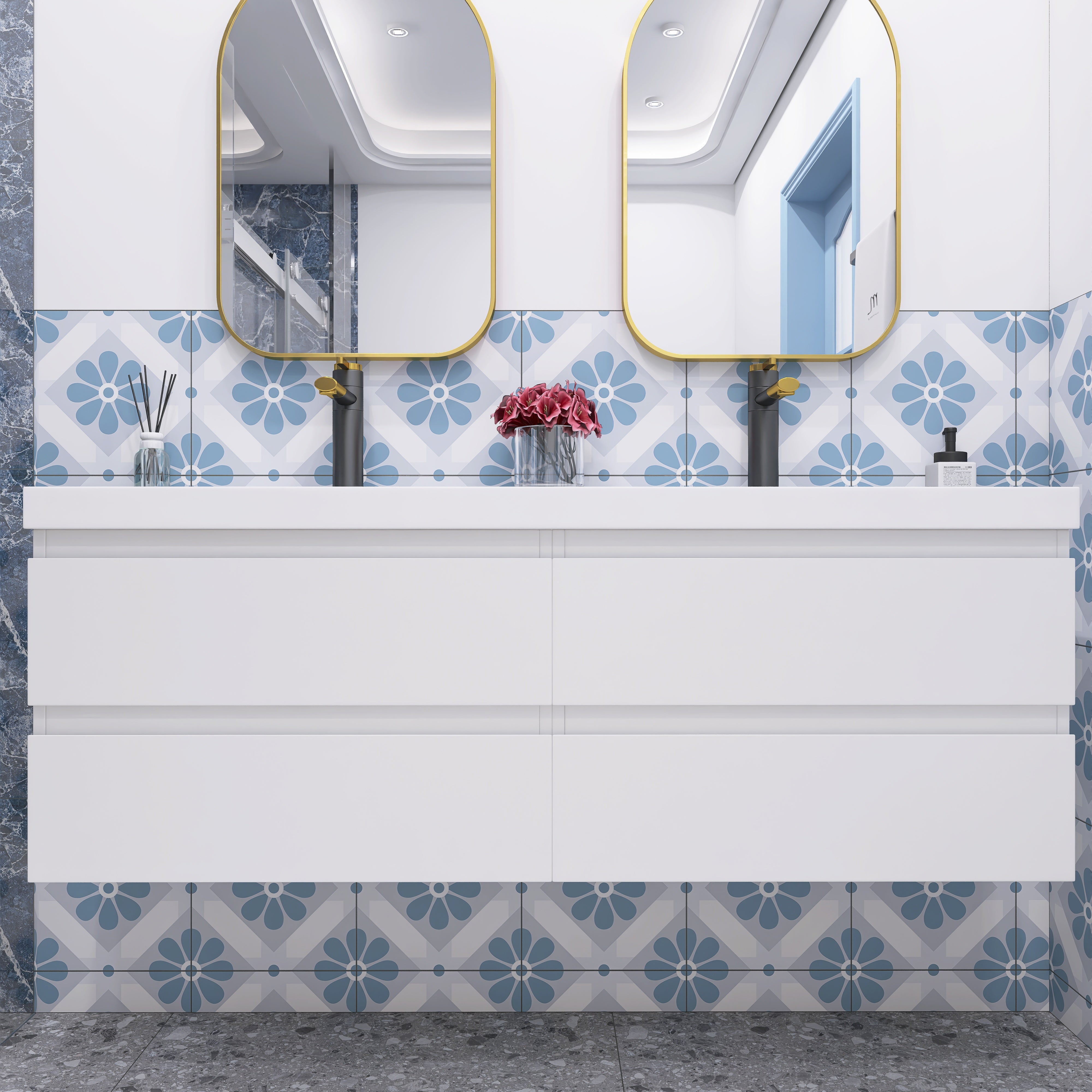 Wall Mounted Bathroom Vanity with Soft-closing Drawers with Cultured Marble Double Sink