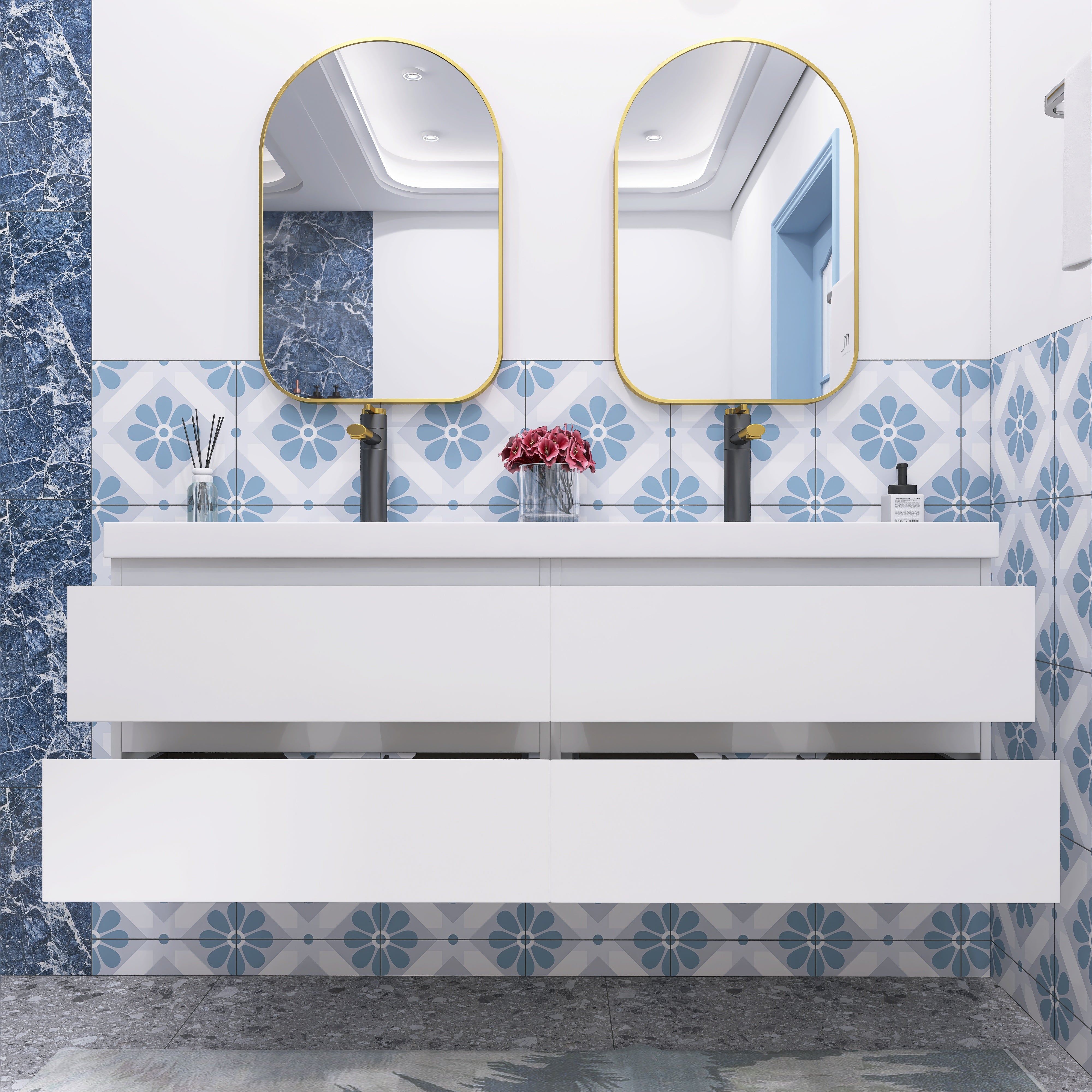 Wall Mounted Bathroom Vanity with Soft-closing Drawers with Cultured Marble Double Sink