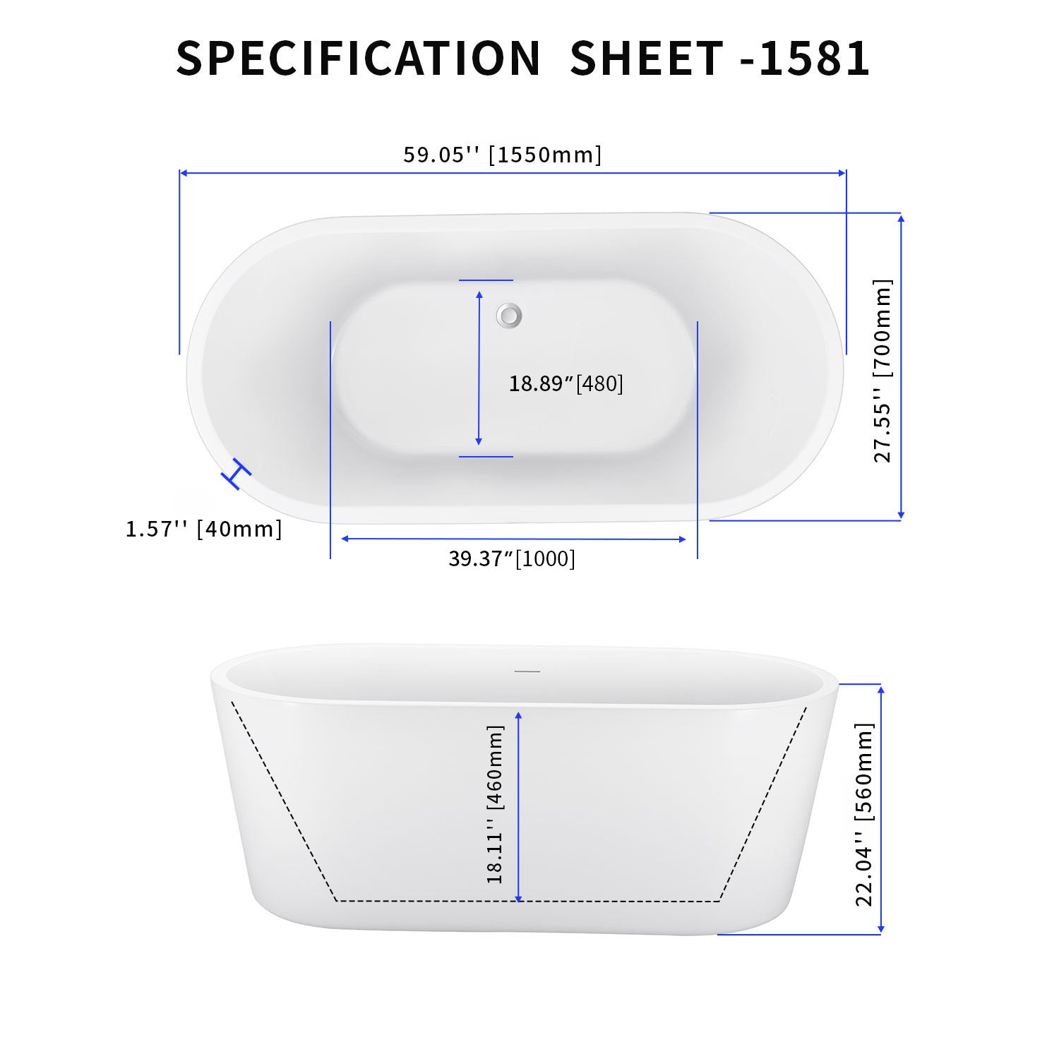 59 in. Acrylic Freestanding Soaking Bathtub in Glossy White