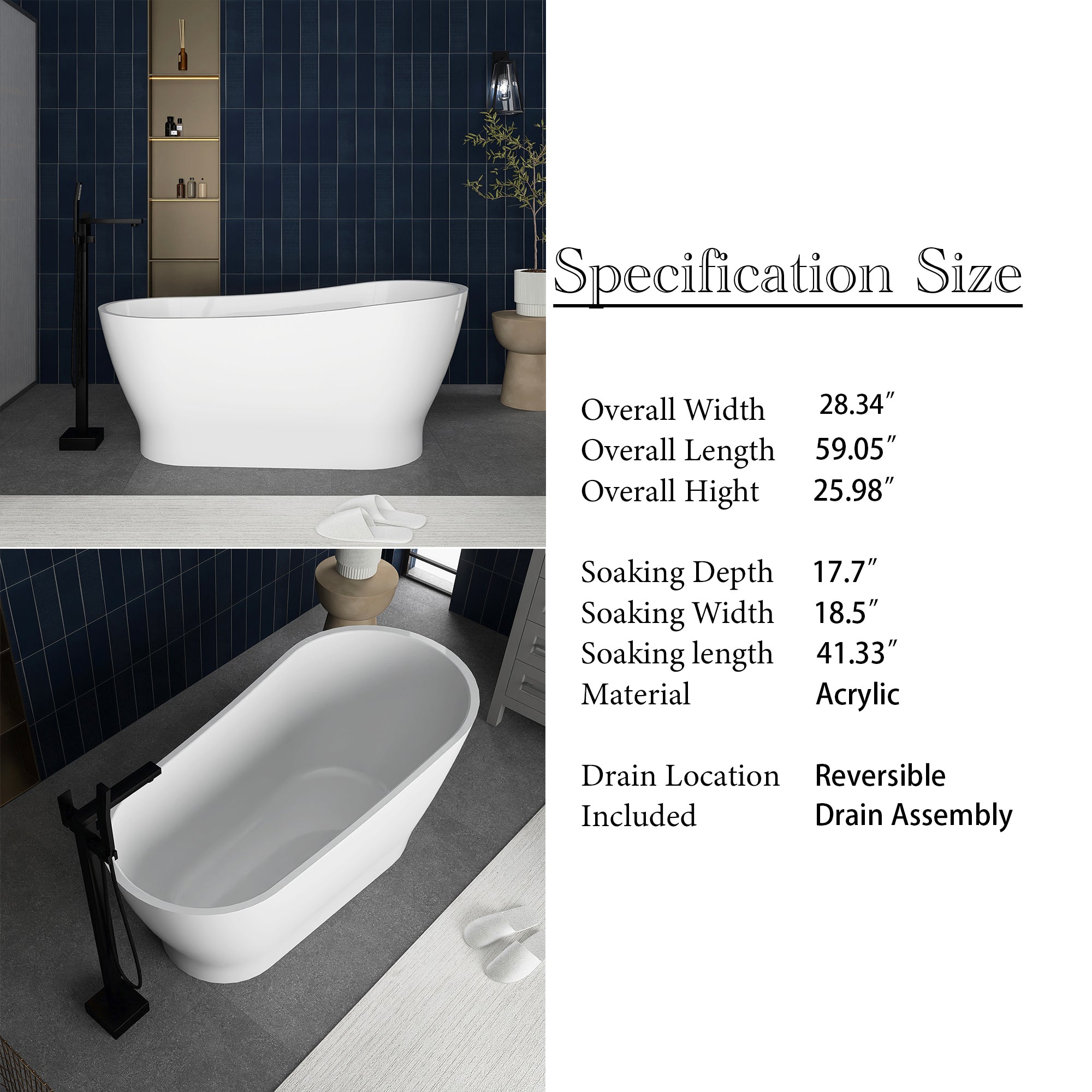 Soaking Bathtub with Reversible Drain in Glossy White