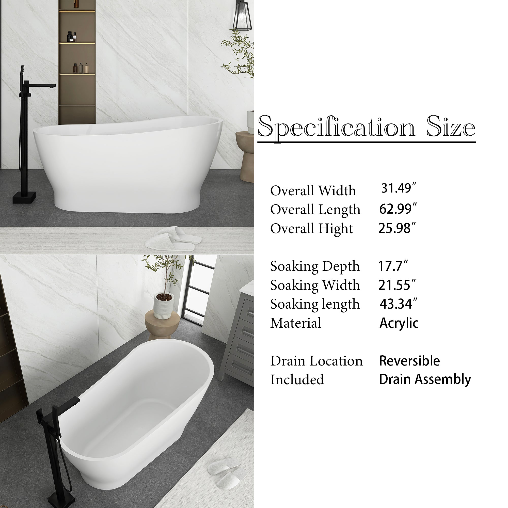 Soaking Bathtub with Reversible Drain in Glossy White