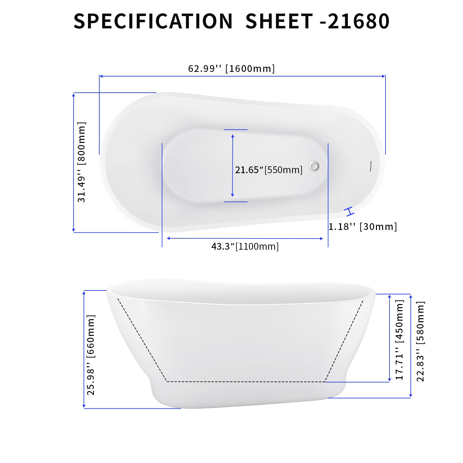Soaking Bathtub with Reversible Drain in Glossy White