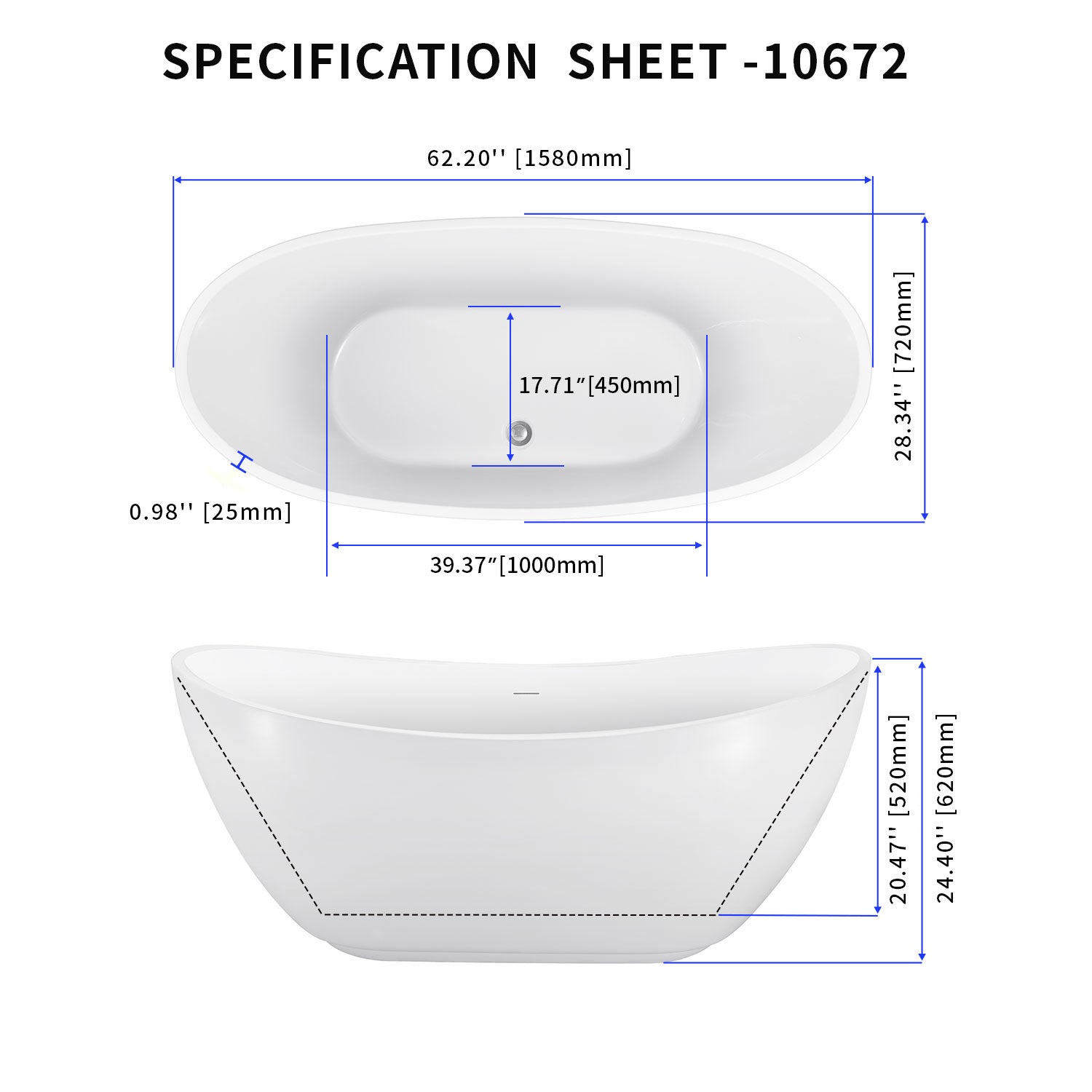 Soaking Bathtub with Center Drain in Glossy White