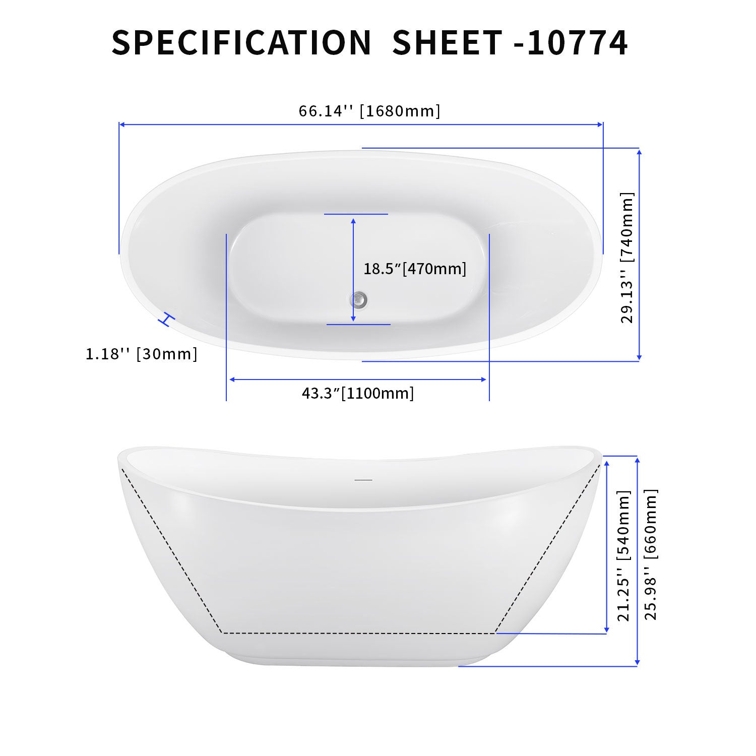 Soaking Bathtub with Center Drain in Glossy White