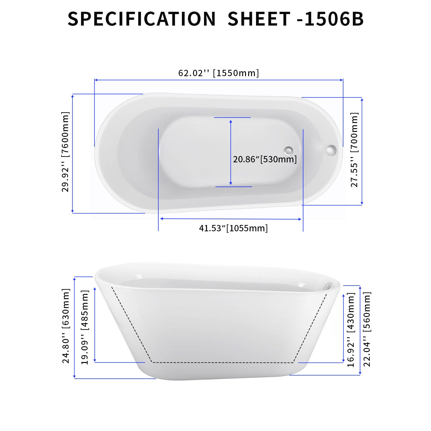 Soaking Bathtub with Reversible Drain in Glossy White