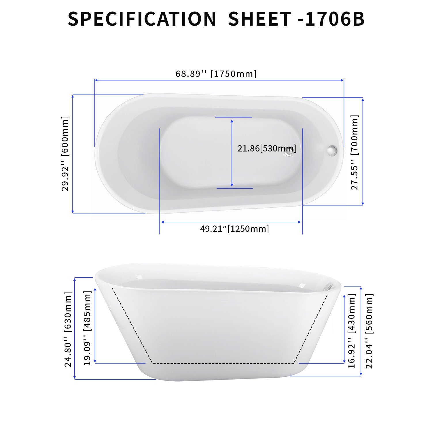 Soaking Bathtub with Reversible Drain in Glossy White