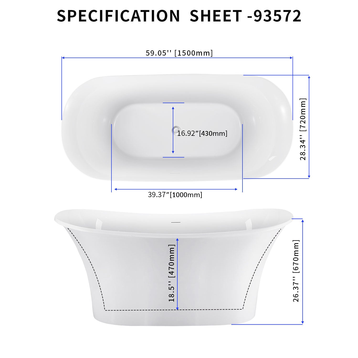 Soaking Bathtub with Center Drain in Glossy White
