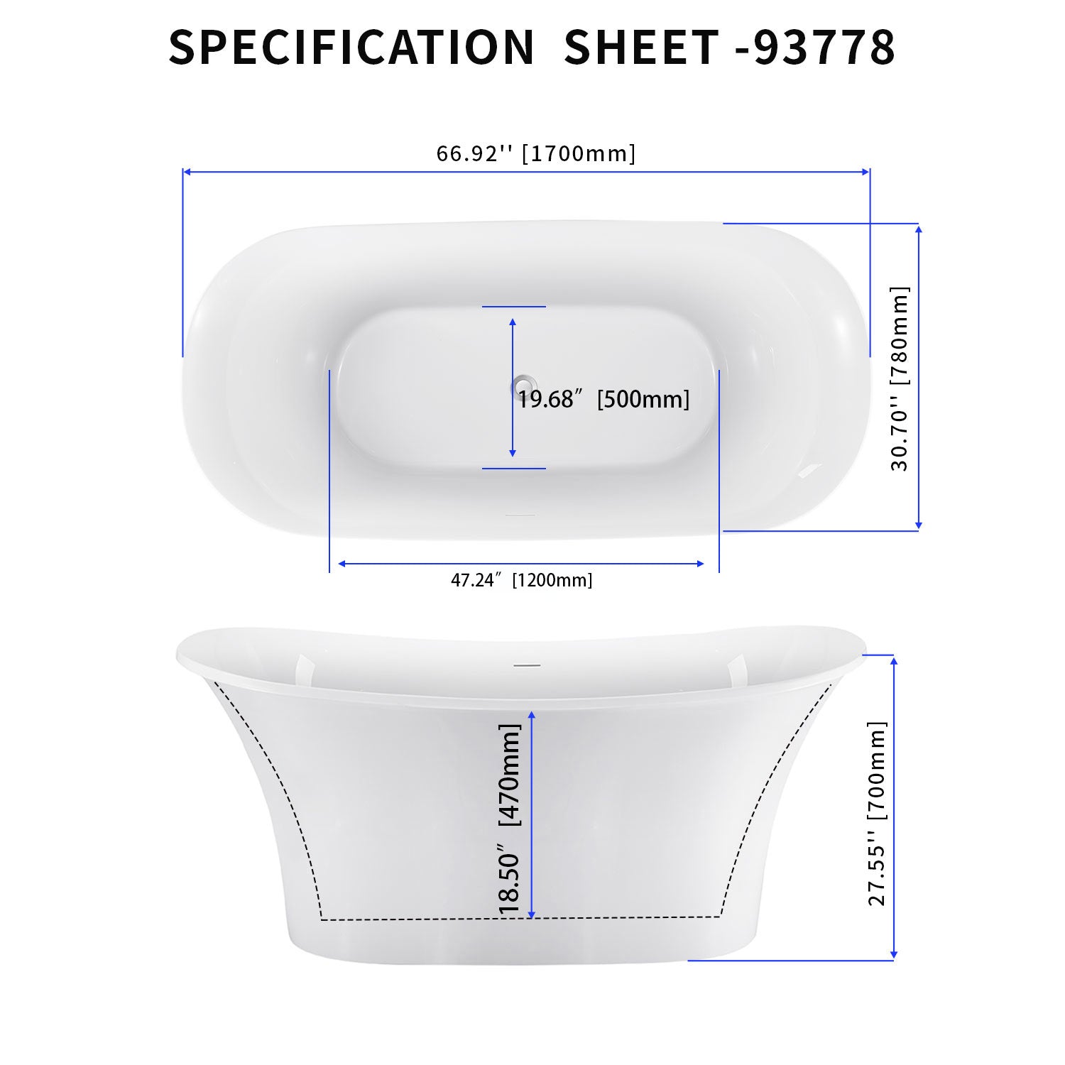 Soaking Bathtub with Center Drain in Glossy White