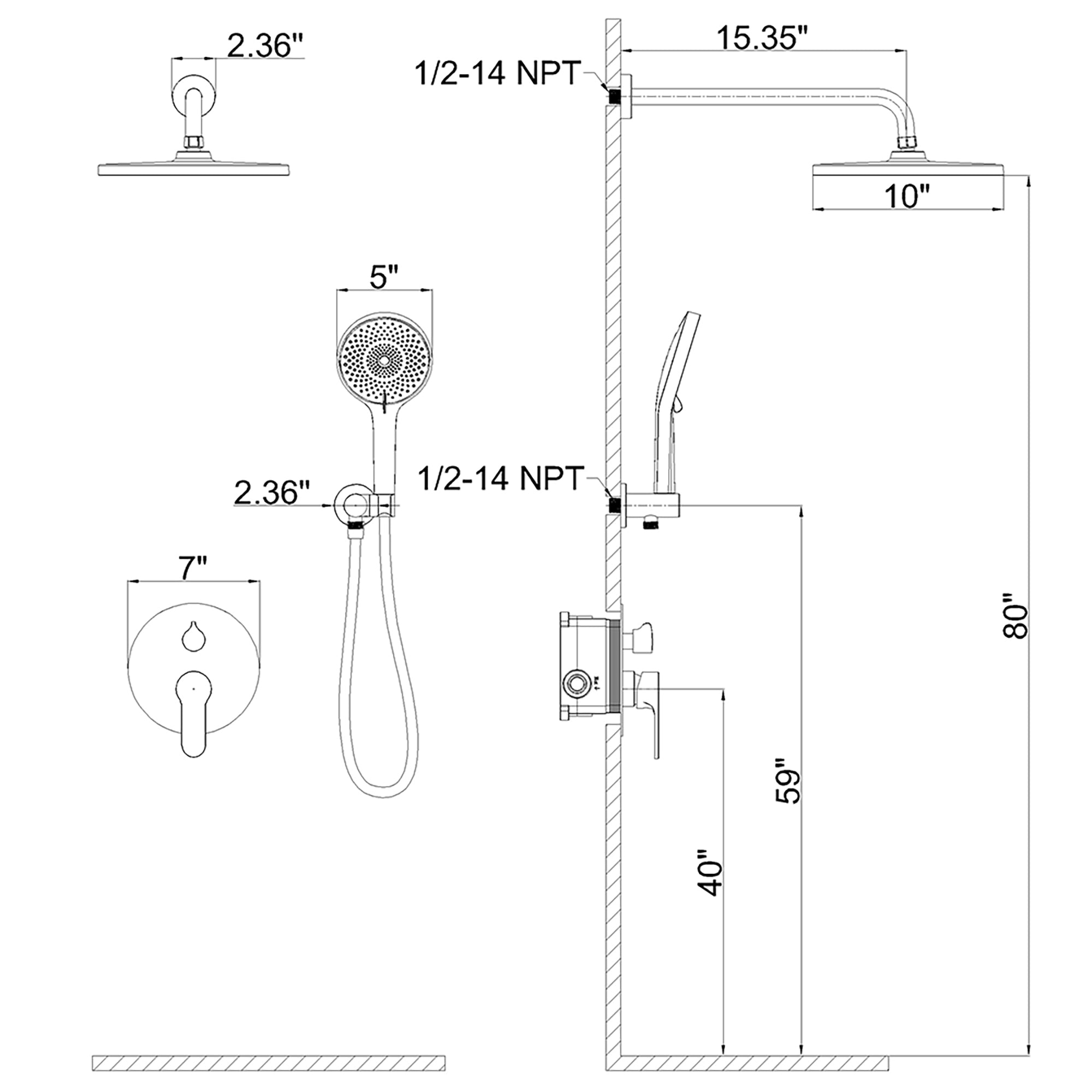 10 inch Wall-Mounted Round	Shower System with Rough-in Valve and Handheld Shower