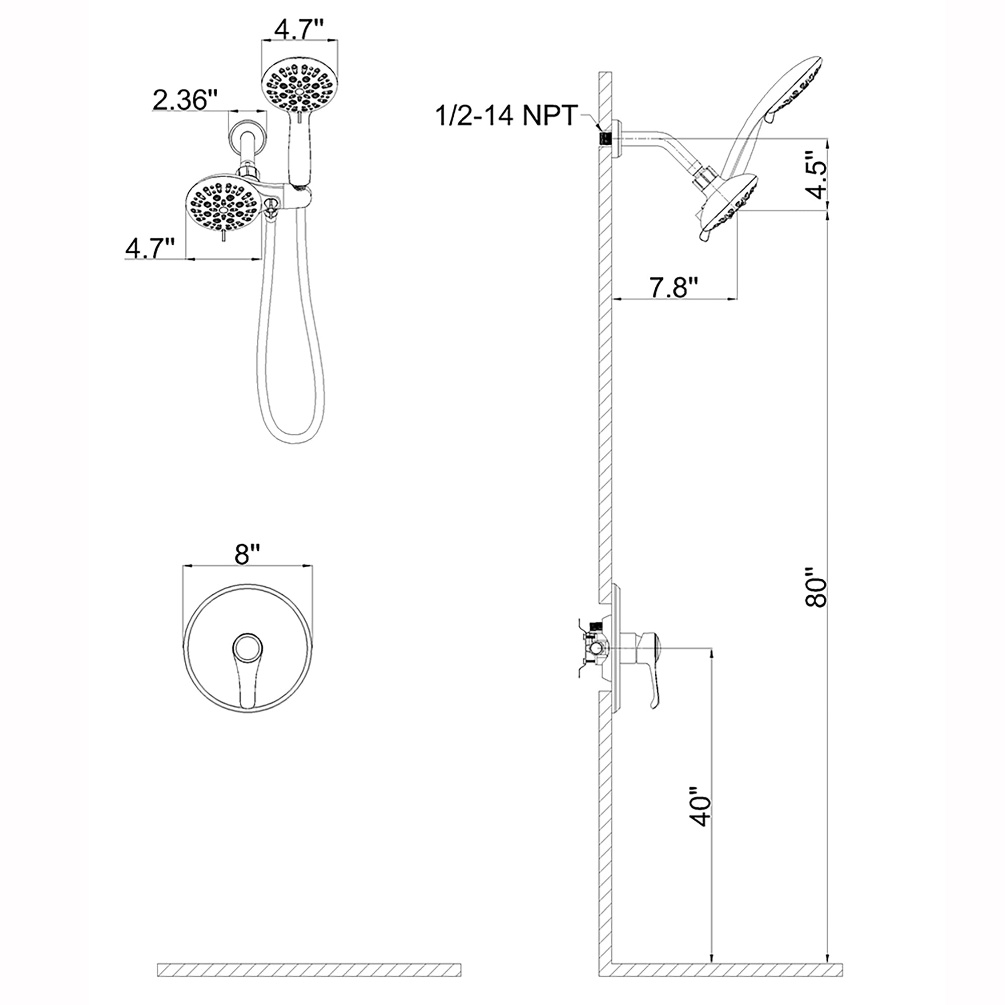 4.7 inch Wall-Mounted Round Shower System with Rough-in Valve