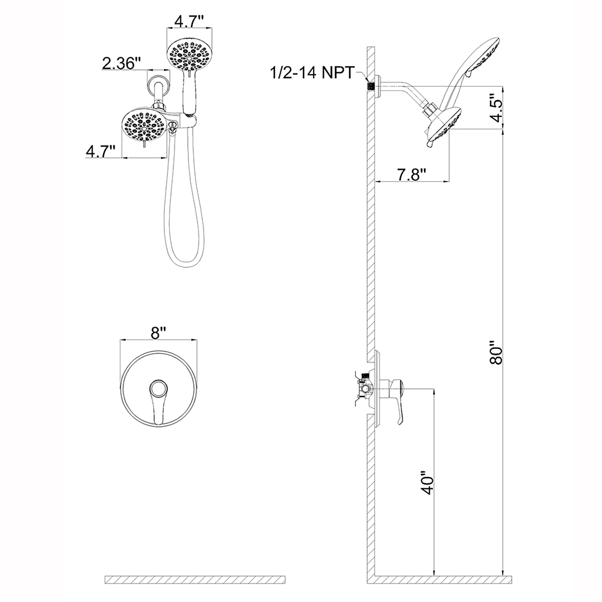 4.7 inch Wall-Mounted Round Shower System with Rough-in Valve