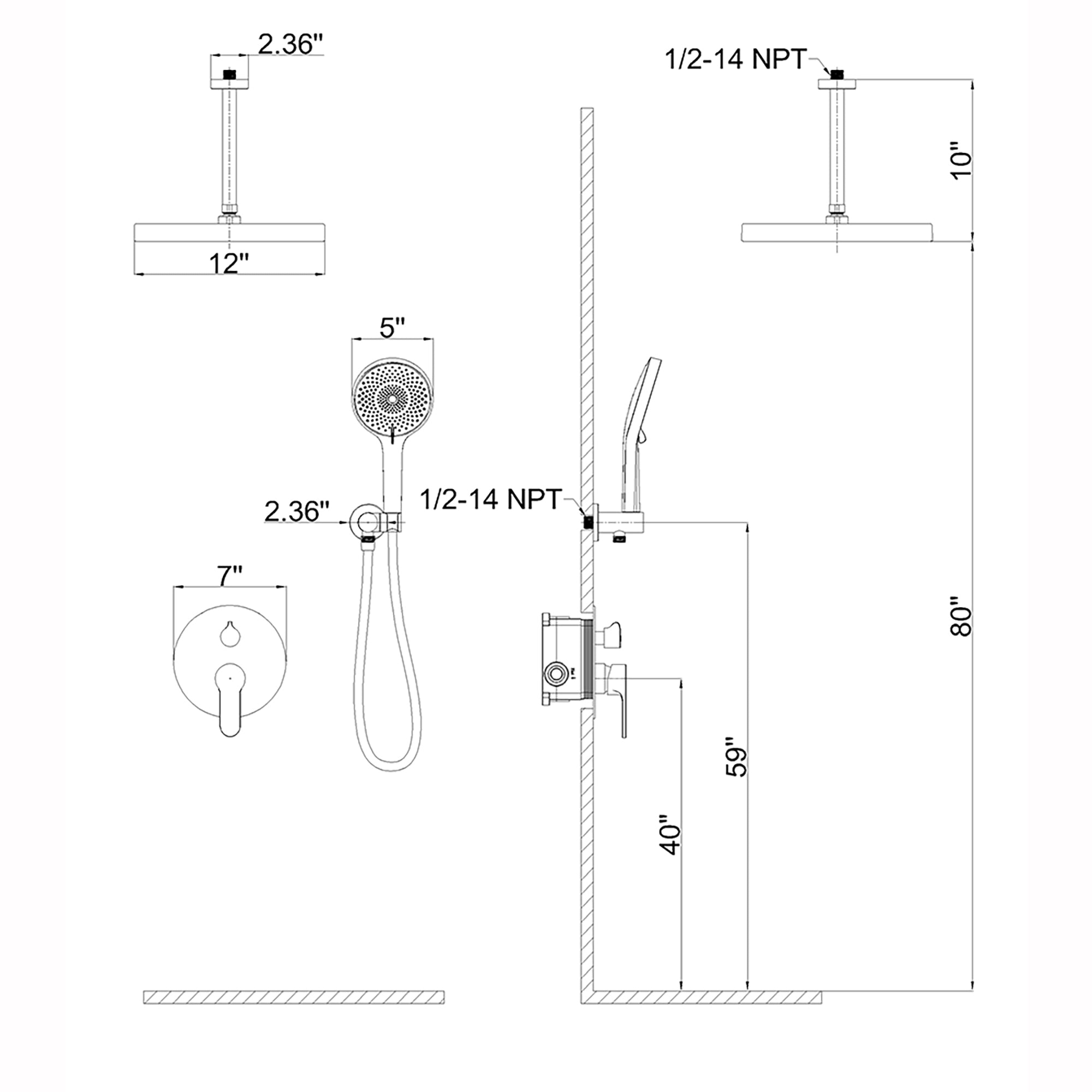 12 inch Wall-Mounted Round Shower System with Rough-in Valve and Handheld Shower