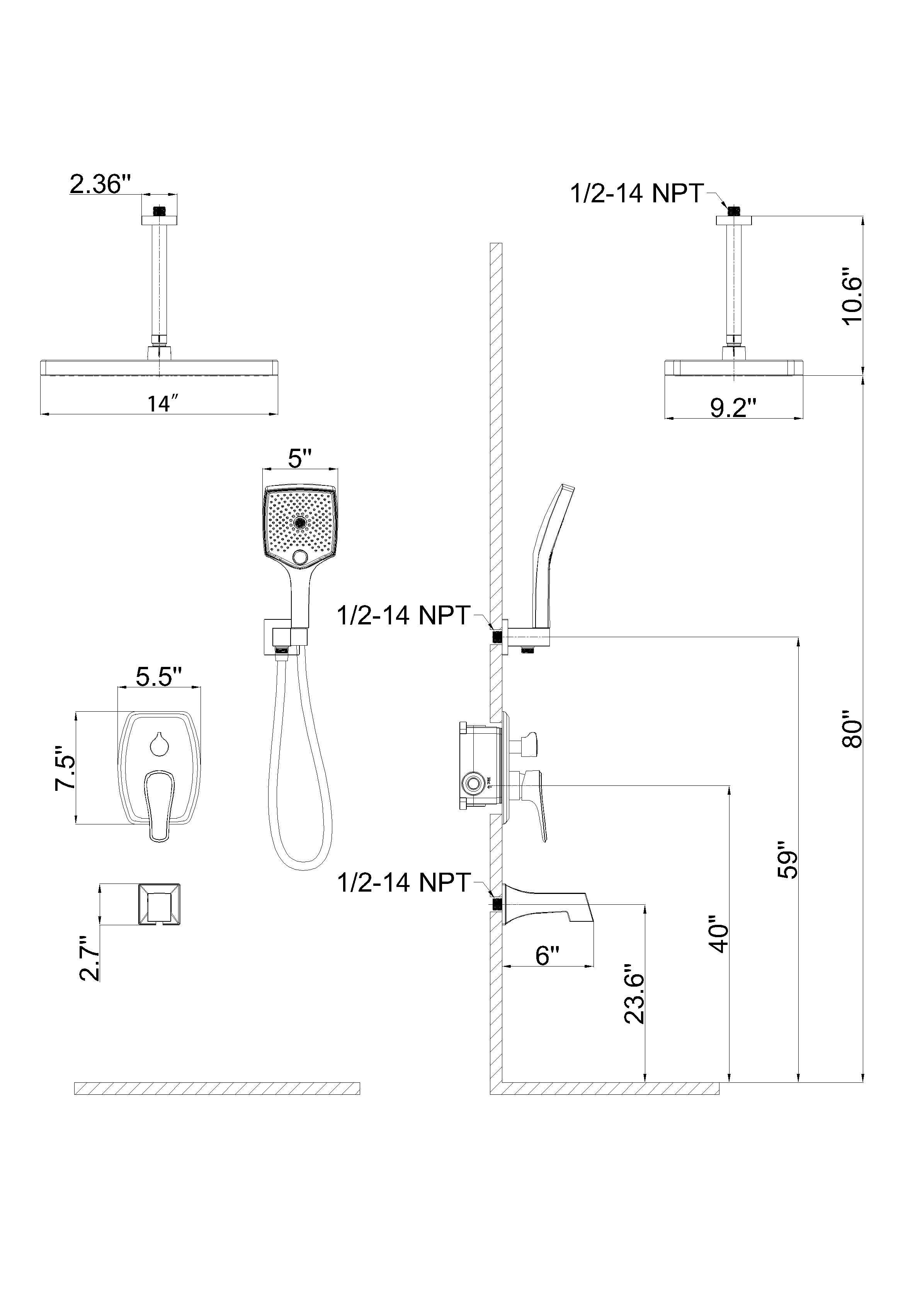 14 inch Ceiling Mount Square Shower System with Rough-in Valve and Handheld Shower