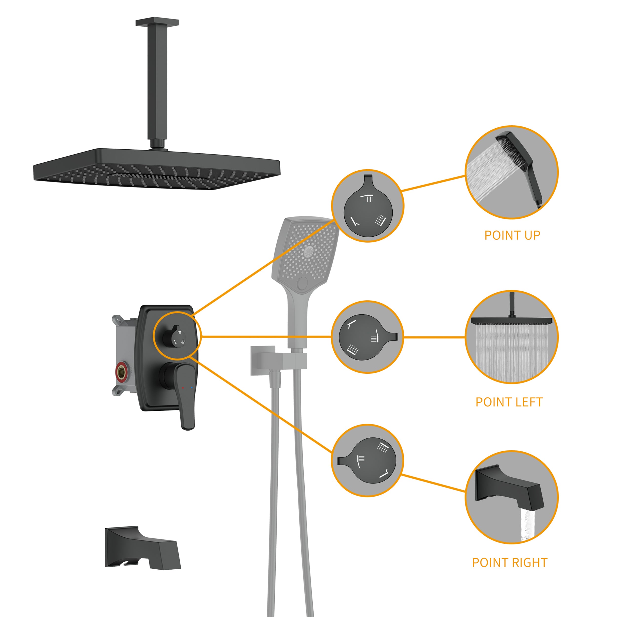 14 inch Ceiling Mount Square Shower System with Rough-in Valve and Handheld Shower