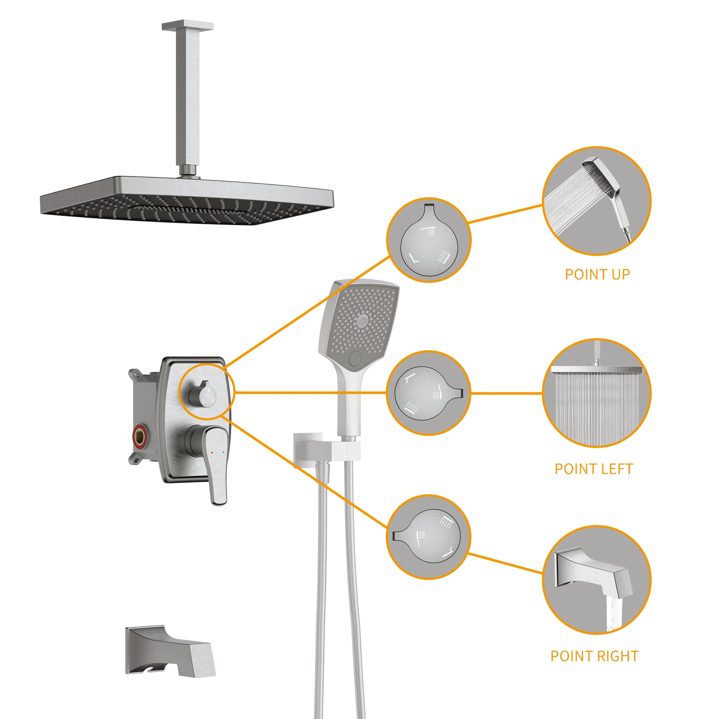 14 inch Ceiling Mount Square Shower System with Rough-in Valve and Handheld Shower