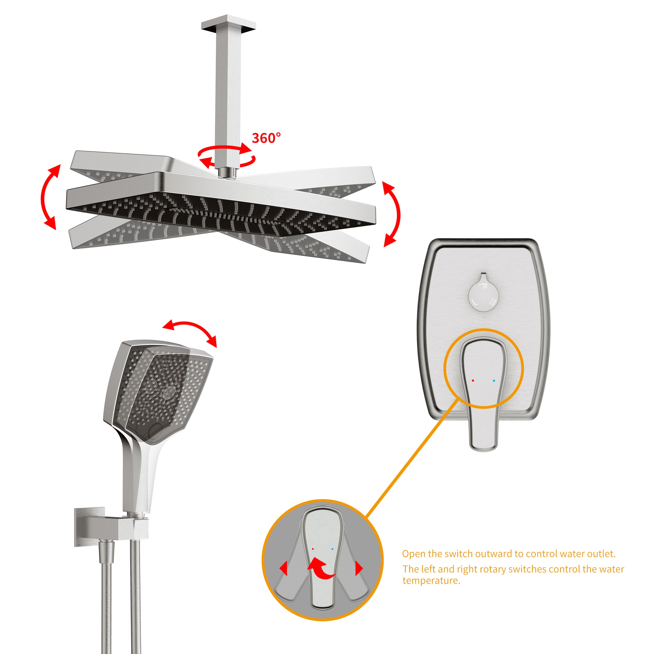 14 inch Ceiling Mount Square Shower System with Rough-in Valve and Handheld Shower