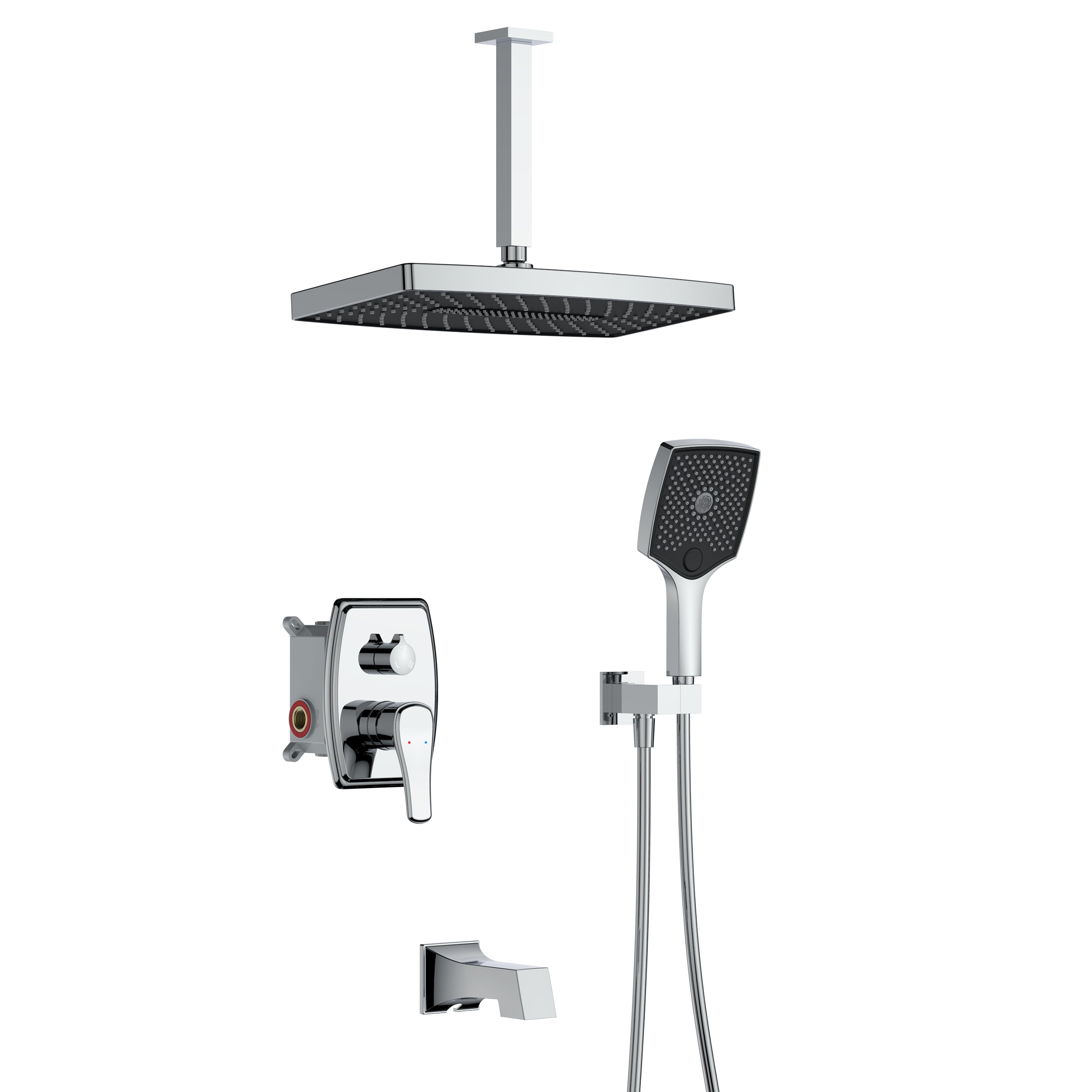 14 inch Ceiling Mount Square Shower System with Rough-in Valve and Handheld Shower