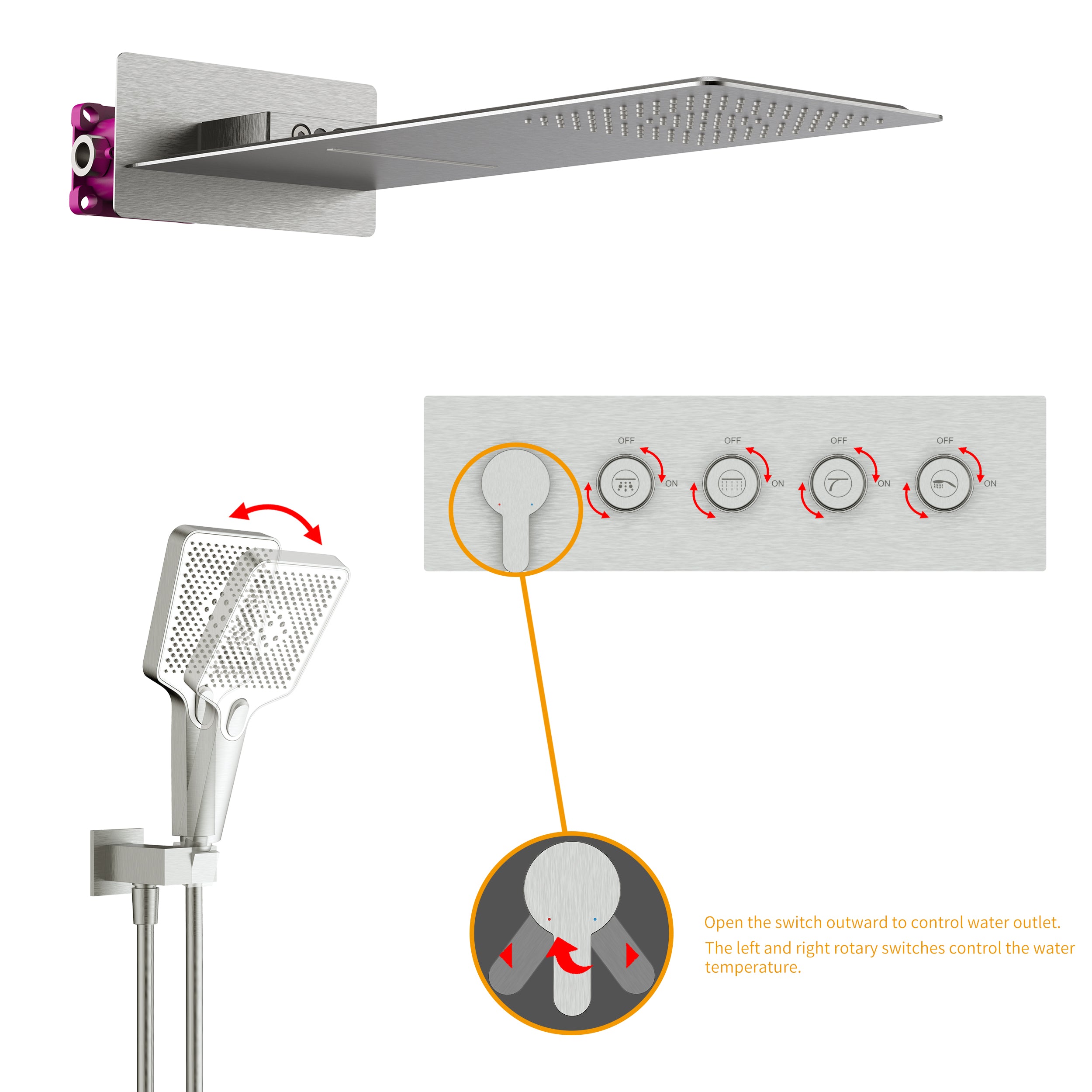 Wall-Mounted Rectangular Shower System with Rough-in Valve, Handheld Shower,23 inch square large panel