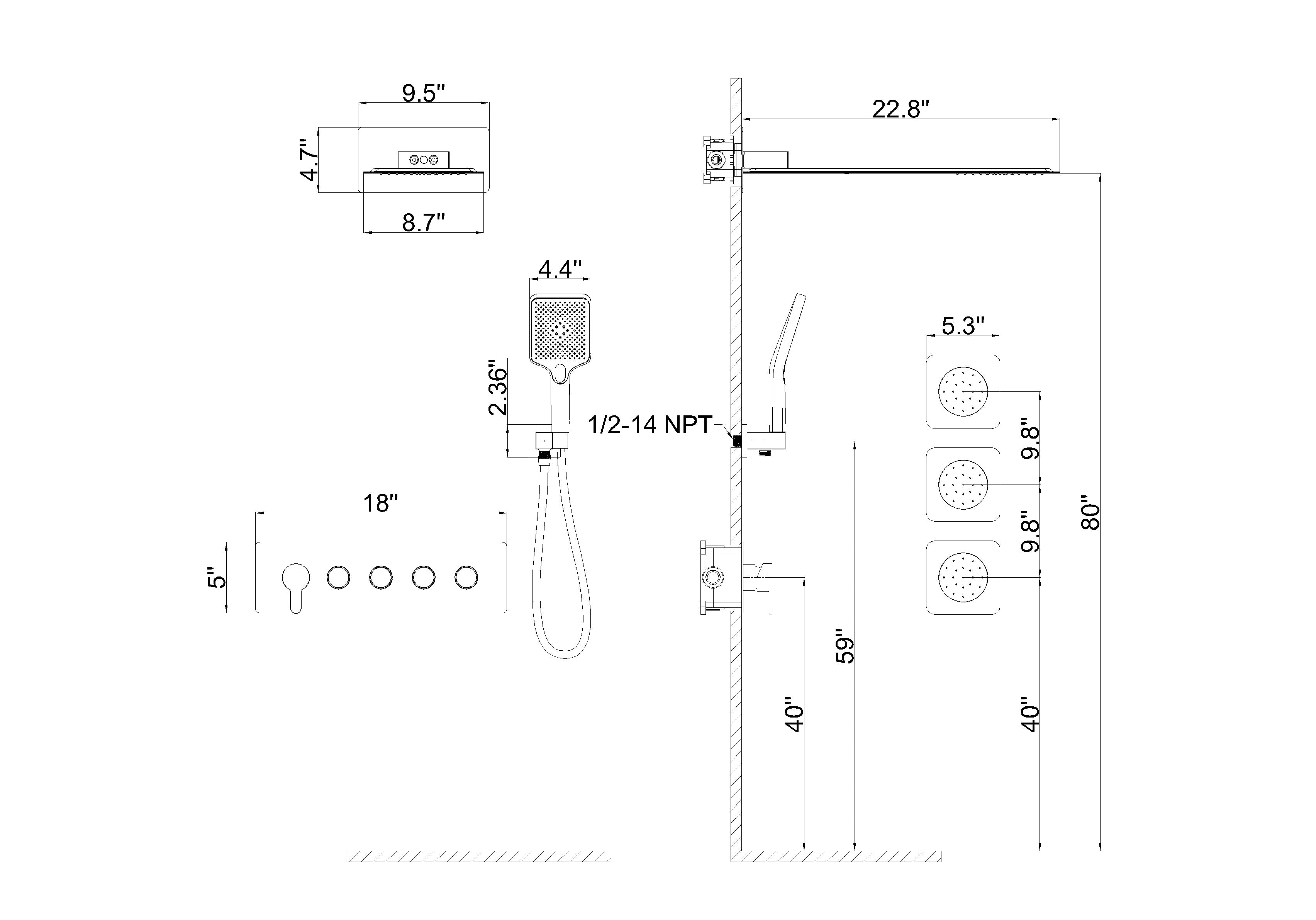 Wall-Mounted Rectangular Shower System with Rough-in Valve, Handheld Shower,23 inch square large panel