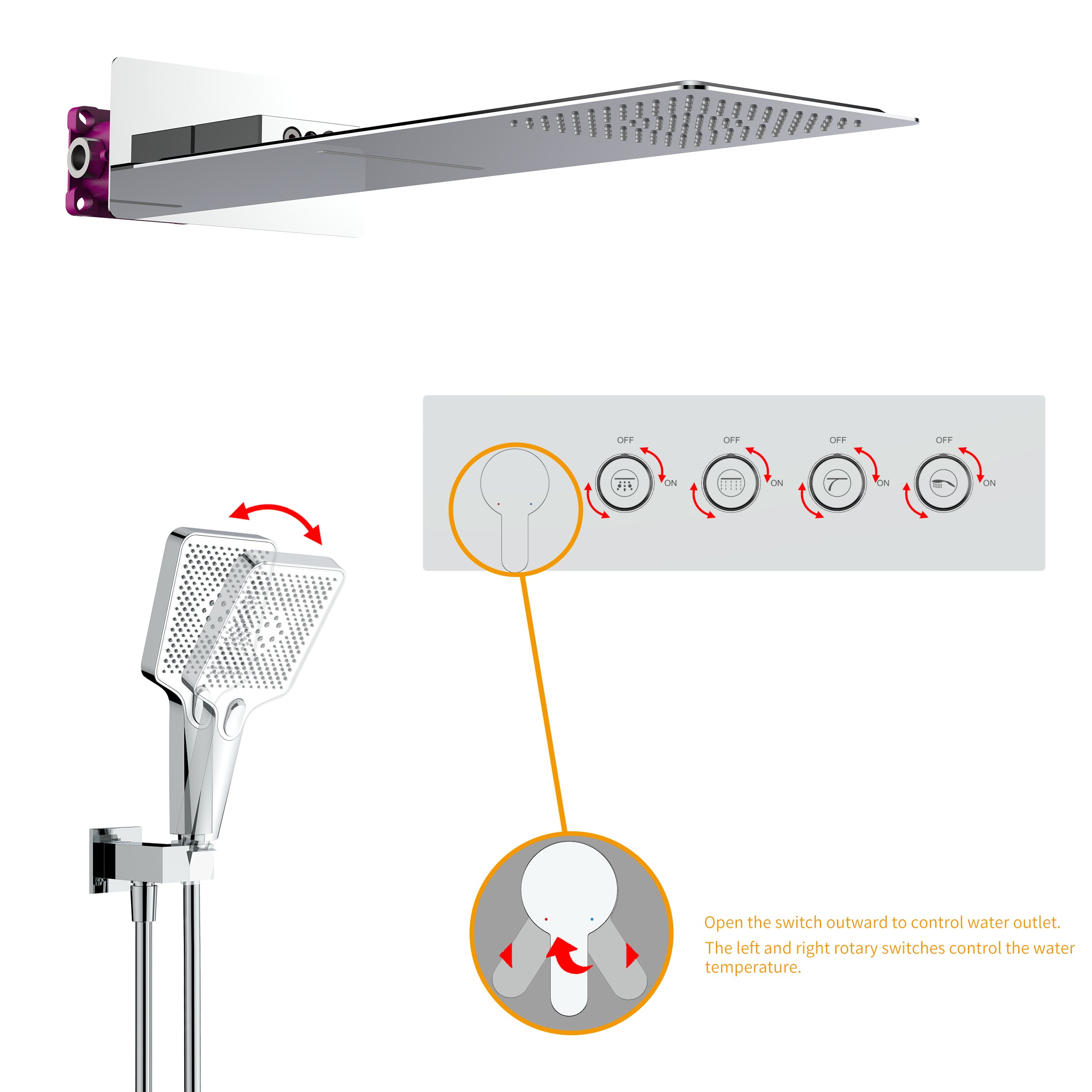 Wall-Mounted Rectangular Shower System with Rough-in Valve, Handheld Shower,23 inch square large panel