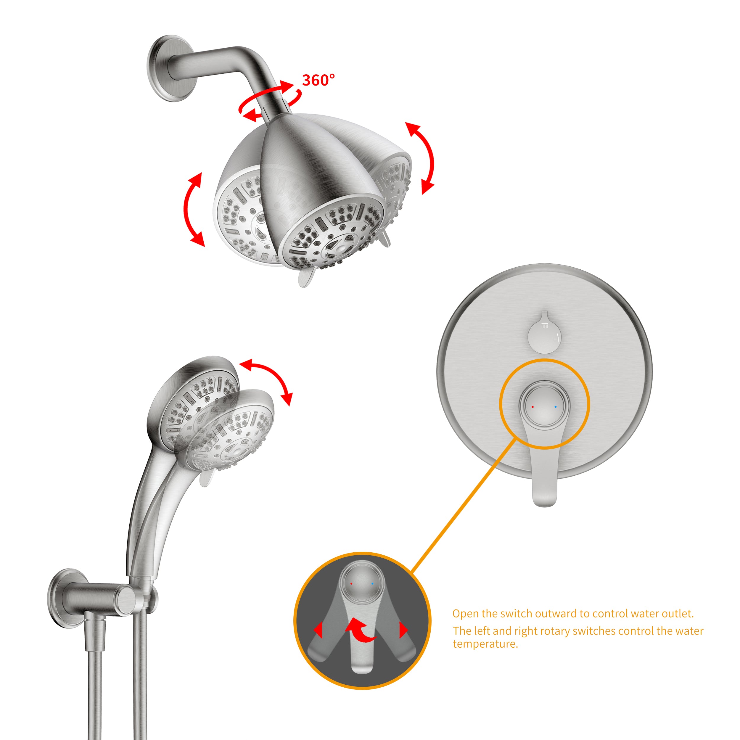 Wall-Mounted Round Shower System with Rough-in Valve,9-Function Hand Shower