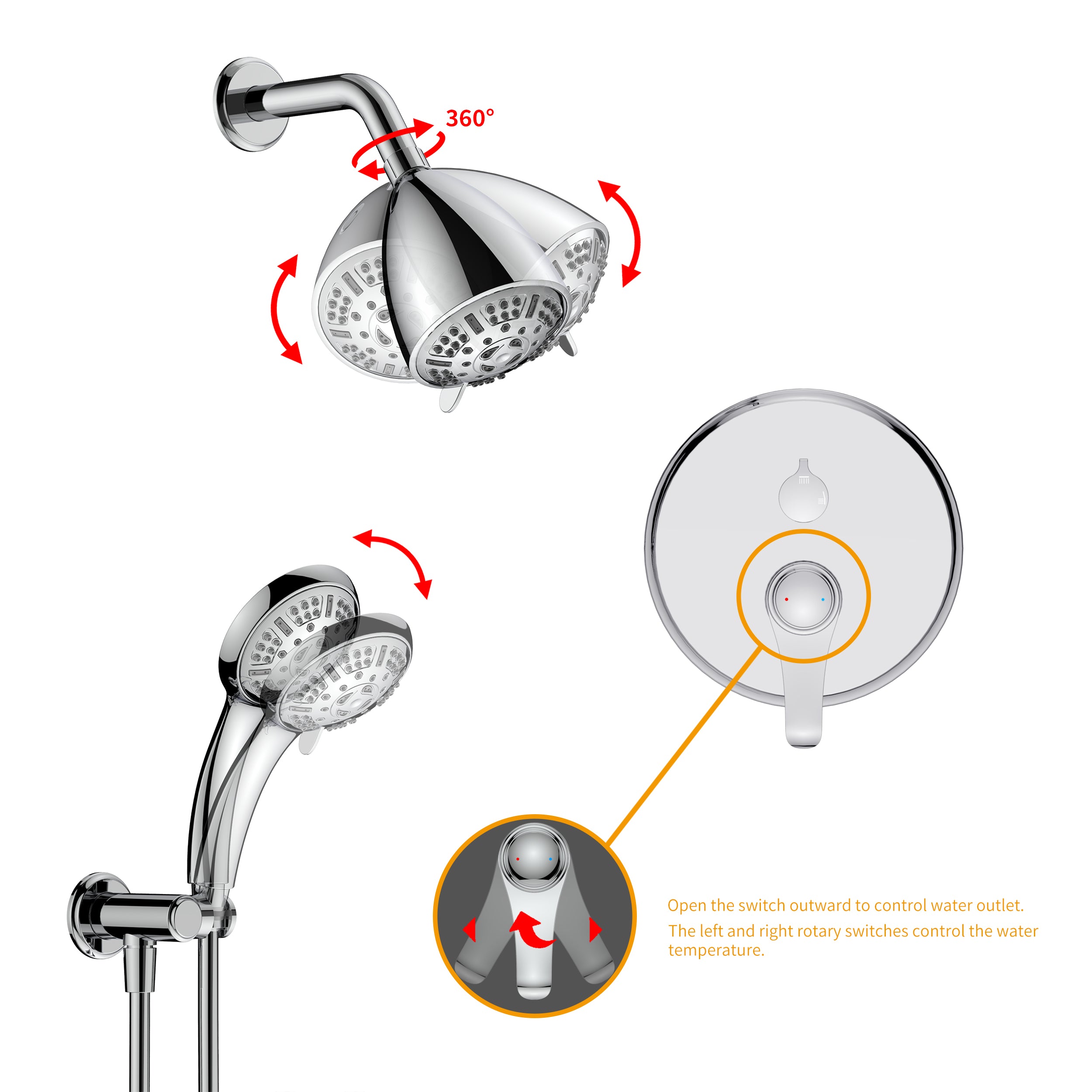 Wall-Mounted Round Shower System with Rough-in Valve,9-Function Hand Shower