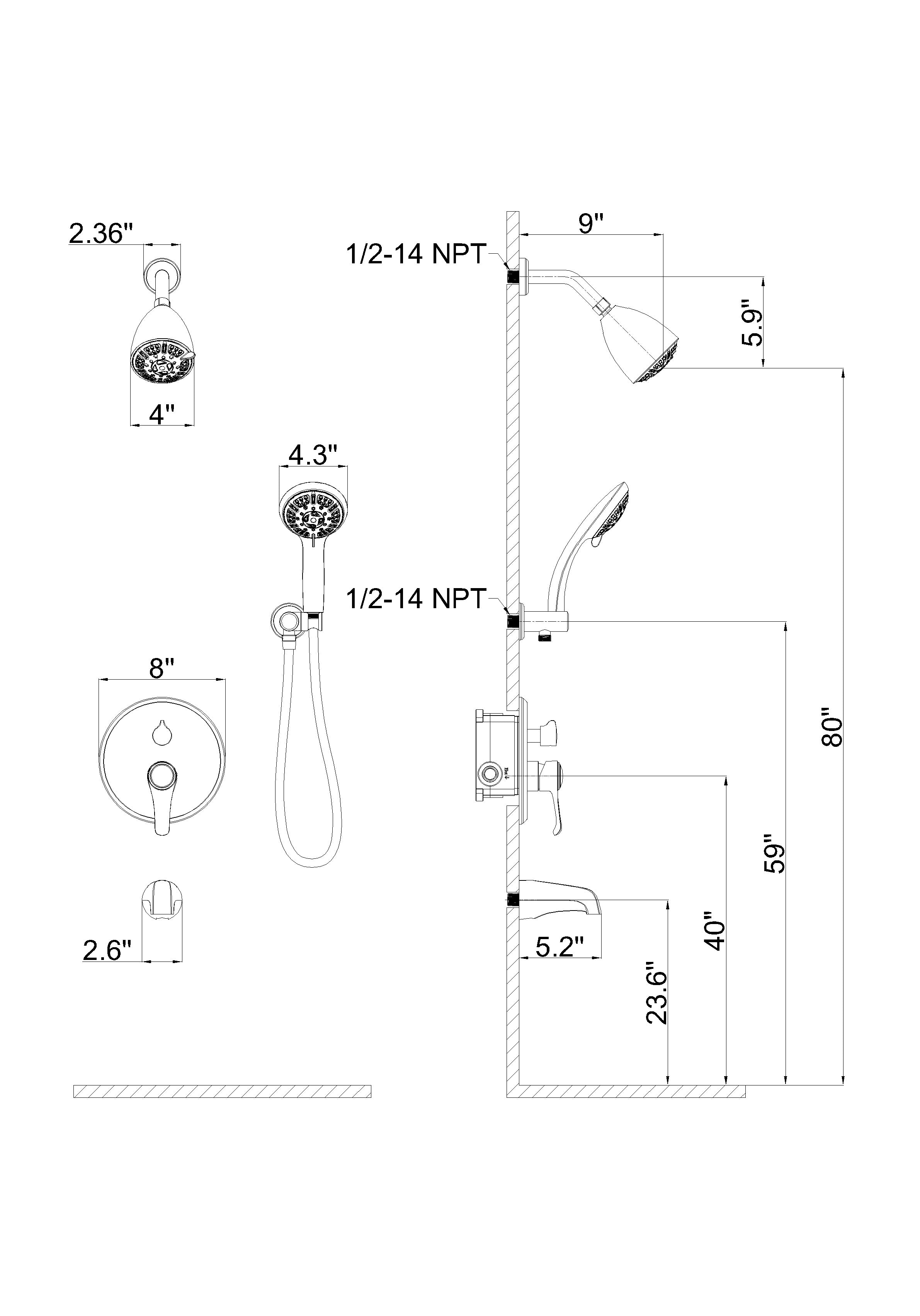 Wall-Mounted Round Shower System with Rough-in Valve,9-Function Hand Shower