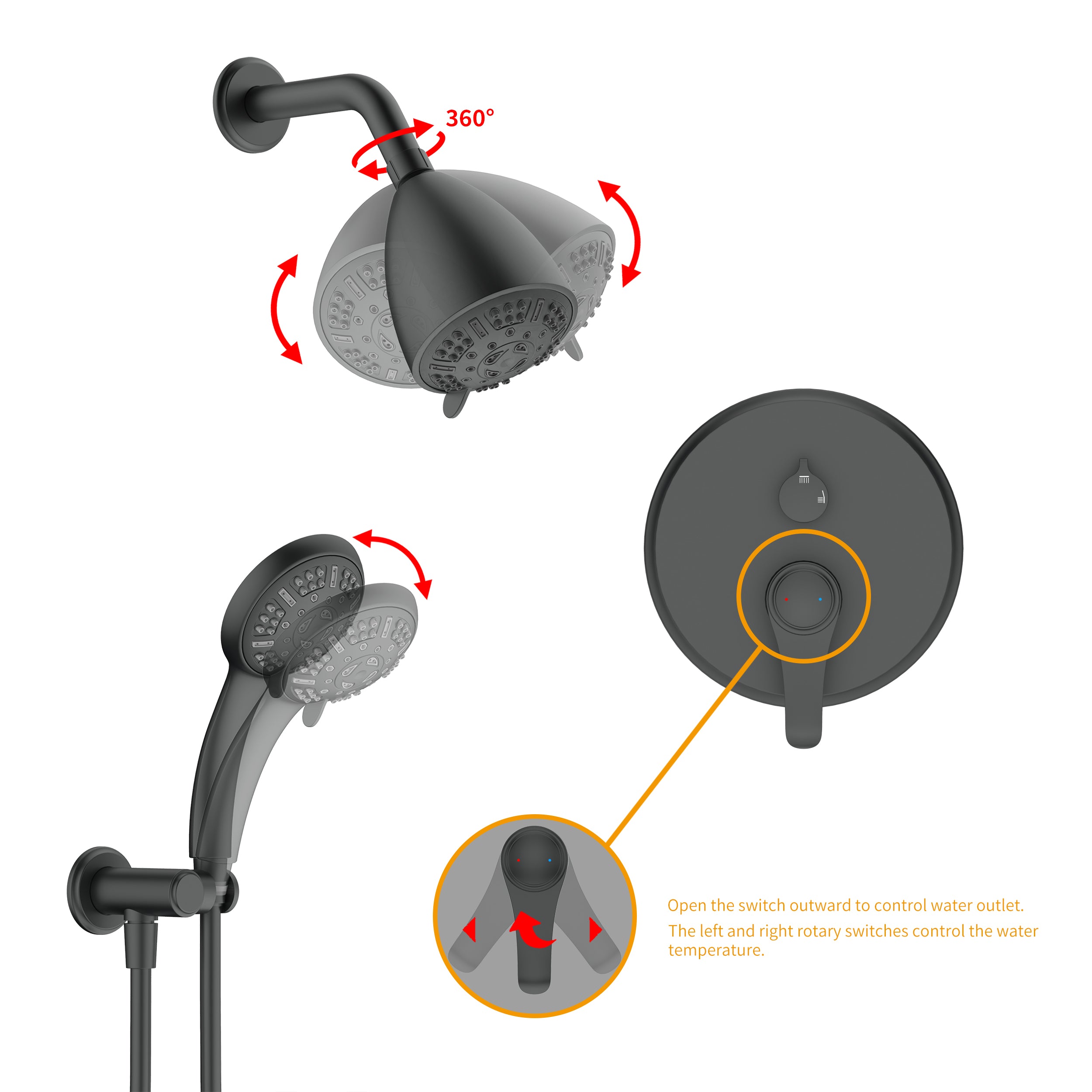 Wall-Mounted Round Shower System with Rough-in Valve,9-Function Hand Shower