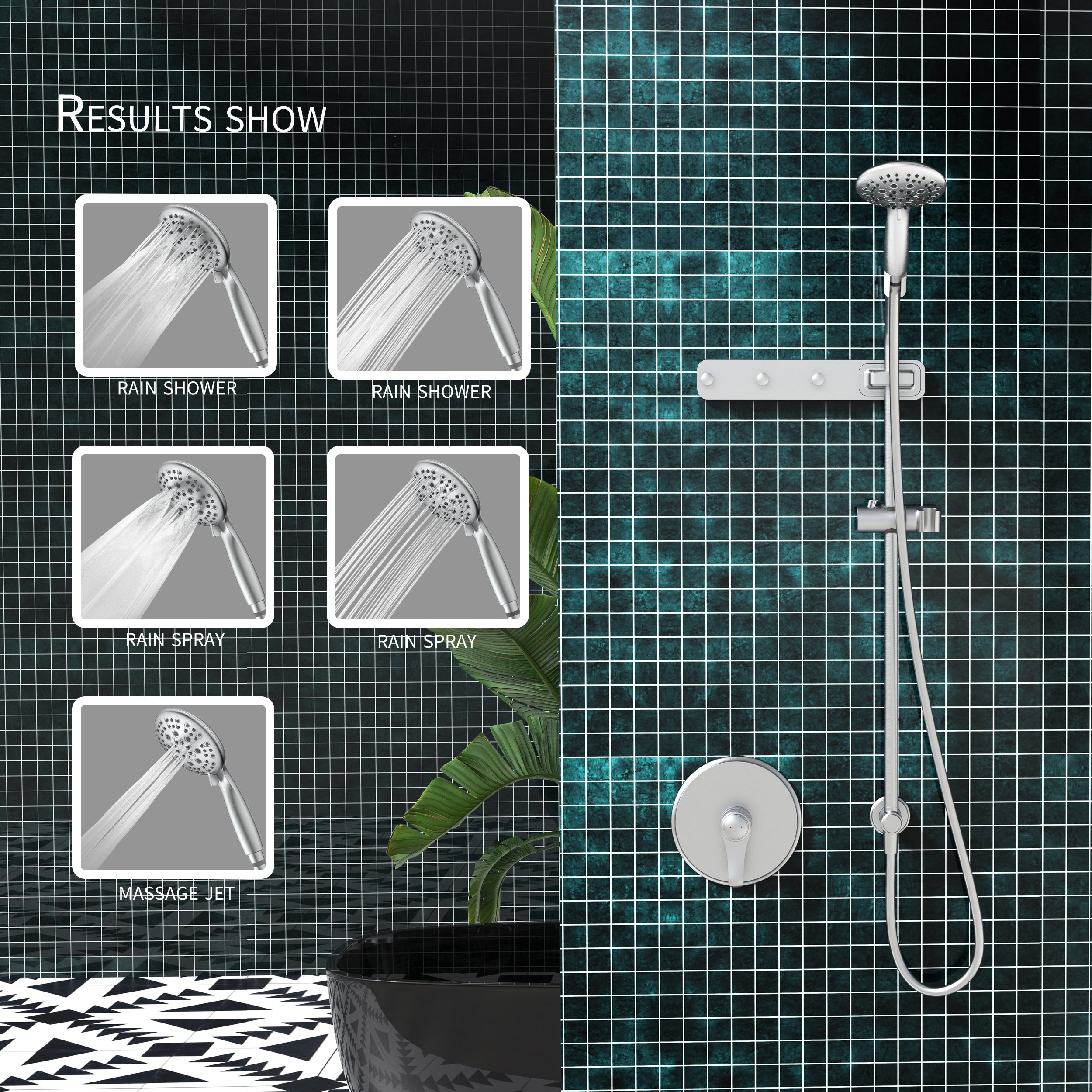 Wall-Mounted Round Shower System with Rough-in Valve,6-Function Hand Shower